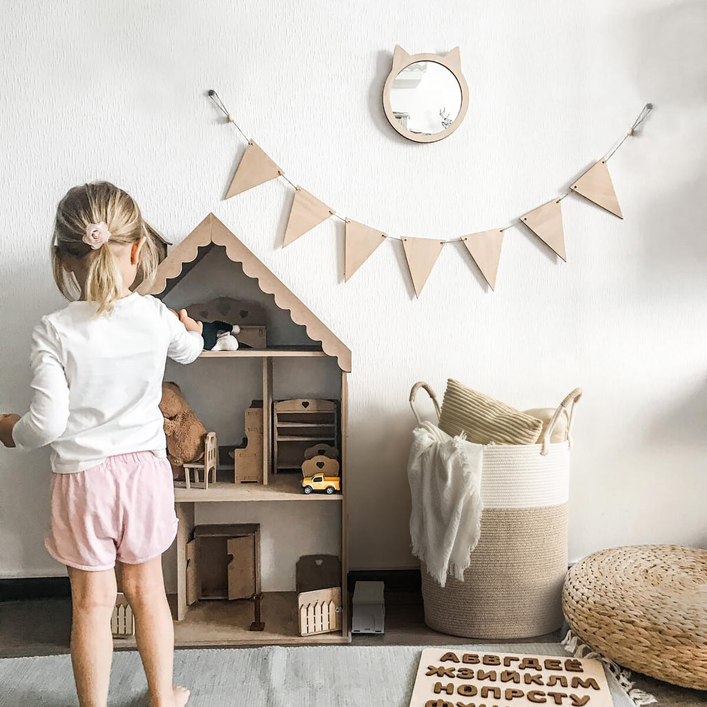 Kodomoore Laundry Basket Hamper – Woven Cotton Rope Nursery Hamper for Clothes, Blankets, Yoga Mat – Boho Basket for Living Room – 15”D x 18”H – White & Beige Brown