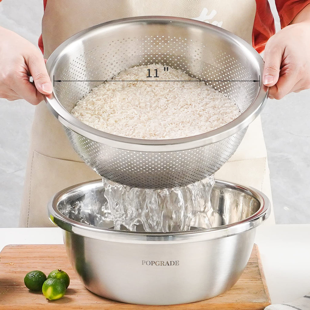 POPGRADE 304 Stainless Steel Colander with Bowl, 5-Qt Large Rice Washing Bowl Colander Food Strainers Set, Fruit Vegetable Washing Basket, Pasta Rice Rinser Strainer Washer (2pcs)