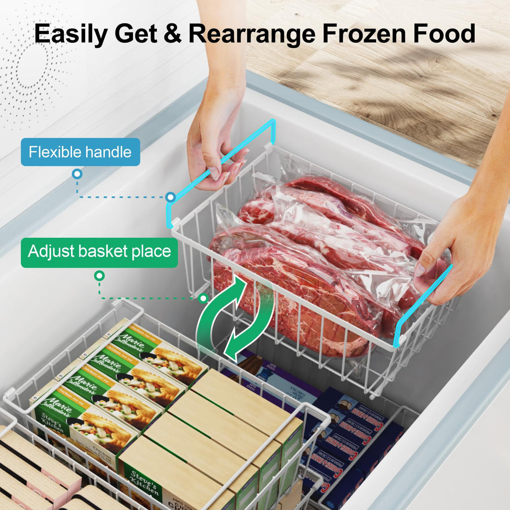 iSPECLE Freezer Organizer Bins- 4 Pack Stackable Freezer Baskets for 5 Cu.Ft Deep Freezer Sort Frozen Foods Chest Freezer Organizer with Handles Easily Get Food and Add Storage Space, White