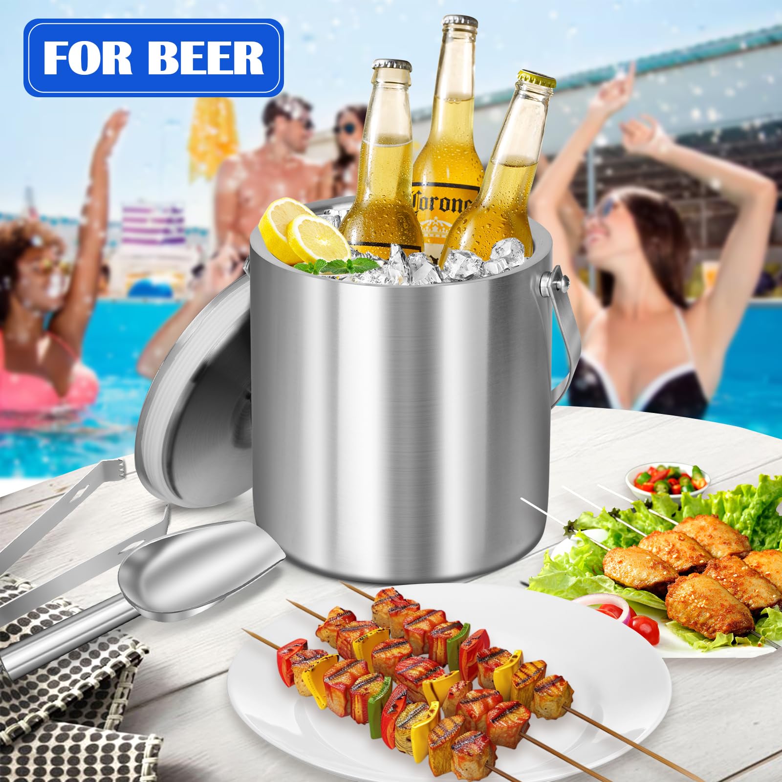 CAOANTRY Ice Bucket with Lid & Tong- Well Made Insulated Stainless Steel Keep Ice Frozen Longer - Ideal for Cocktail Bar, Parties, Chilling Wine, Champagne - 2 Liter (Stainless Steel)