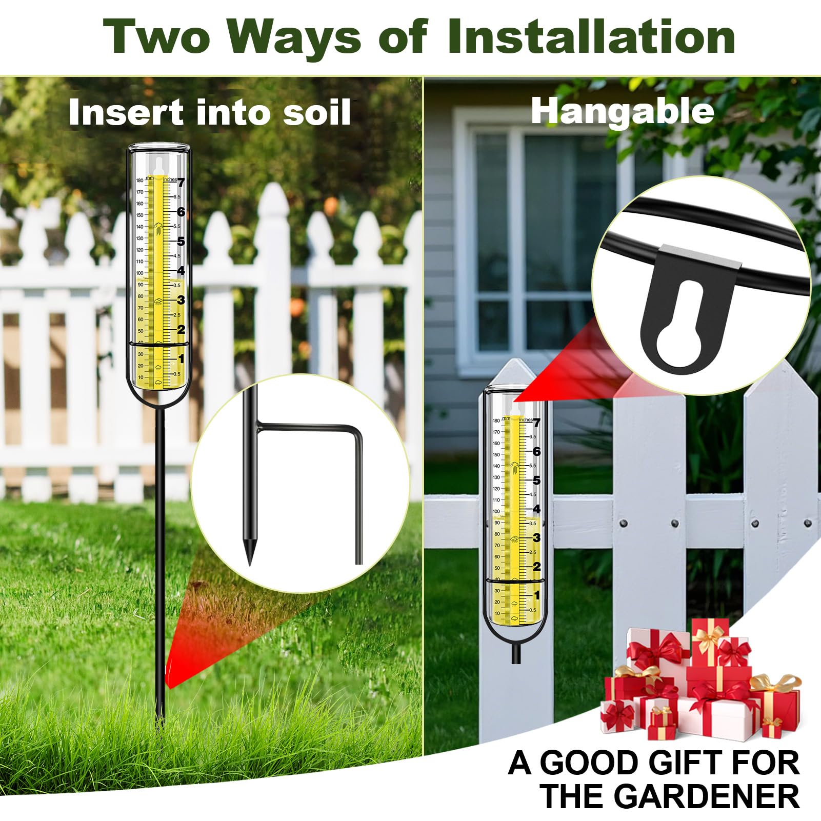 Rain Gauge Outdoor, Rain Gauges with Metal Stake for Yard, Upgraded Large Clear Numbers 7'' Freeze Proof Thickened Transparent Plastic Measure Tool Garden Lawn Adjustable Height 37'' Tall