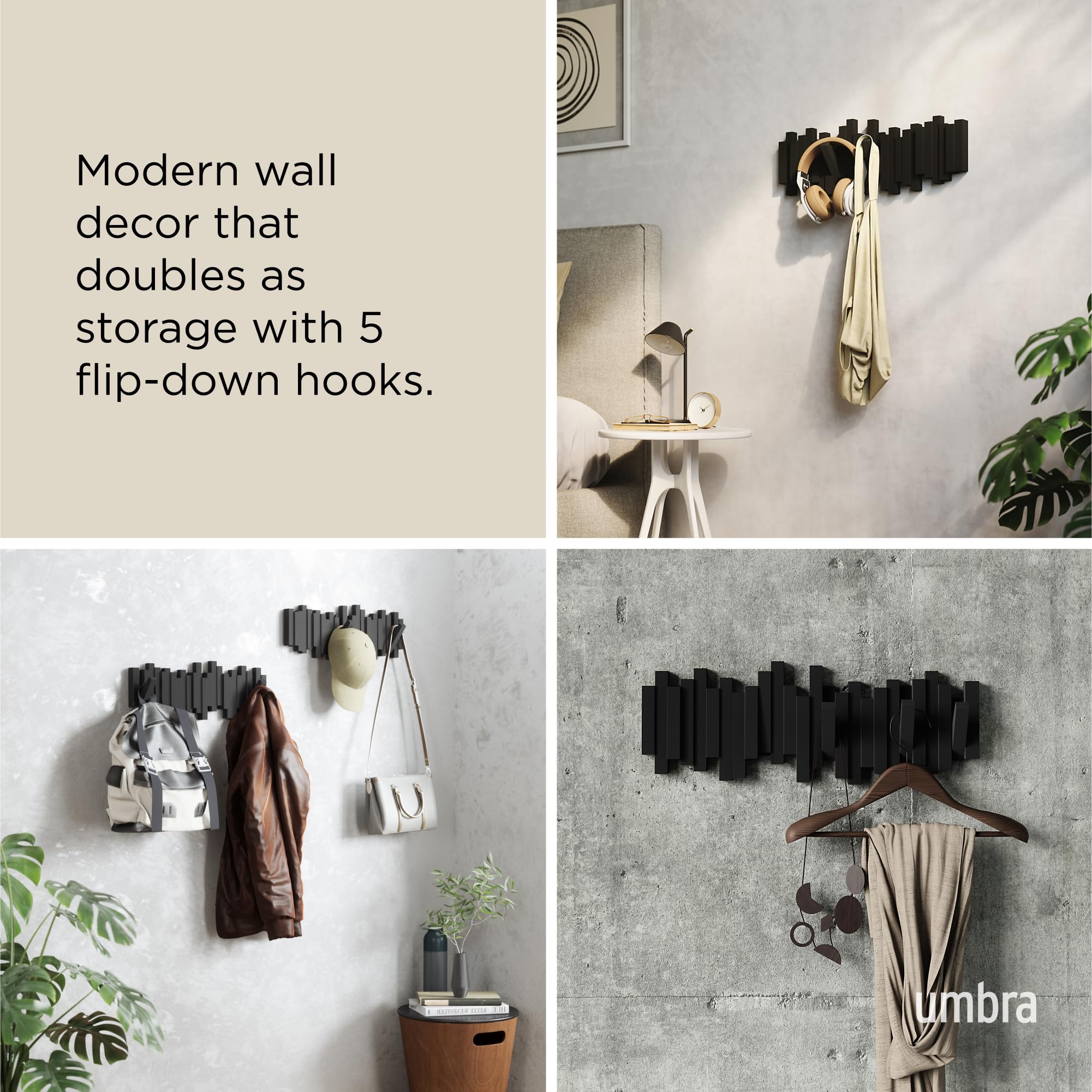 Umbra Sticks Wall-Mounted Coat Rack Rail Hook with 5 Retractable Pegs – Modern, Space-Saving Storage Organizer, Black