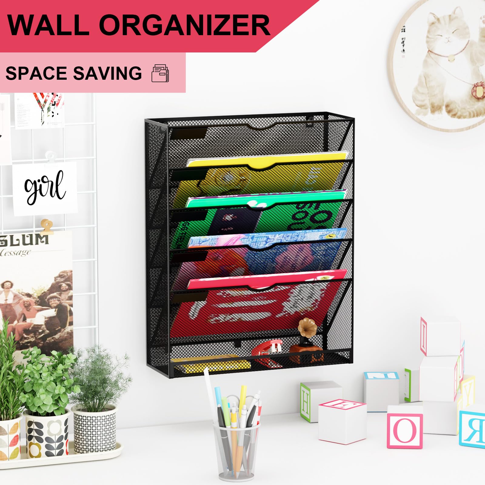 GDINDINFAN Hanging Wall File Organizer 6 Tier Wall Mounted Mail Paper Folder Holder Document Organization Stand, Vertical Desk Magazine Rack for Office Home Cubicle Countertop, Black