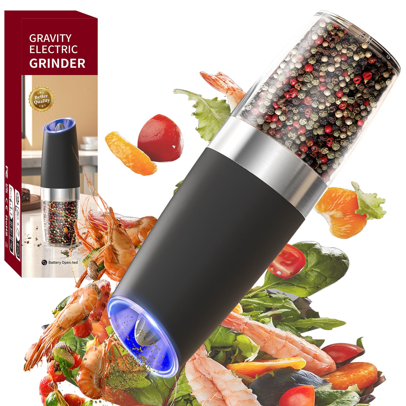 PEIPU Electric Pepper and Salt Grinder, Seasoning Mill，Adjustable Coarseness,with LED Light,One Hand Automatic Operation, Stainless Steel