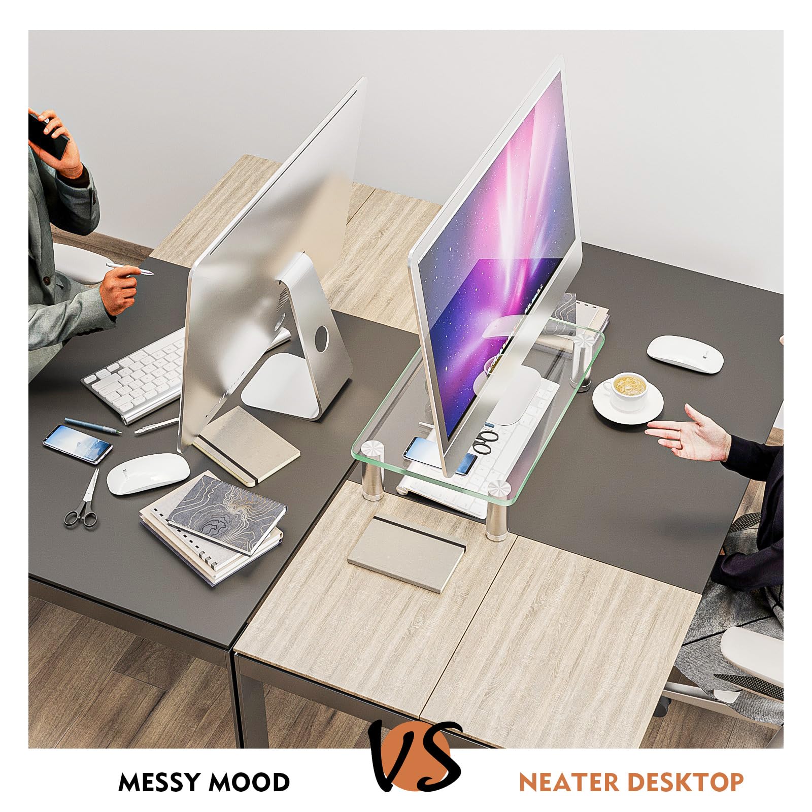 Clear Tempered Glass Computer Monitor Riser with Height Adjustable Multi Media Desktop Stand for Flat Screen LCD LED TV, Laptop/Notebook/Xbox One,HD01T-002