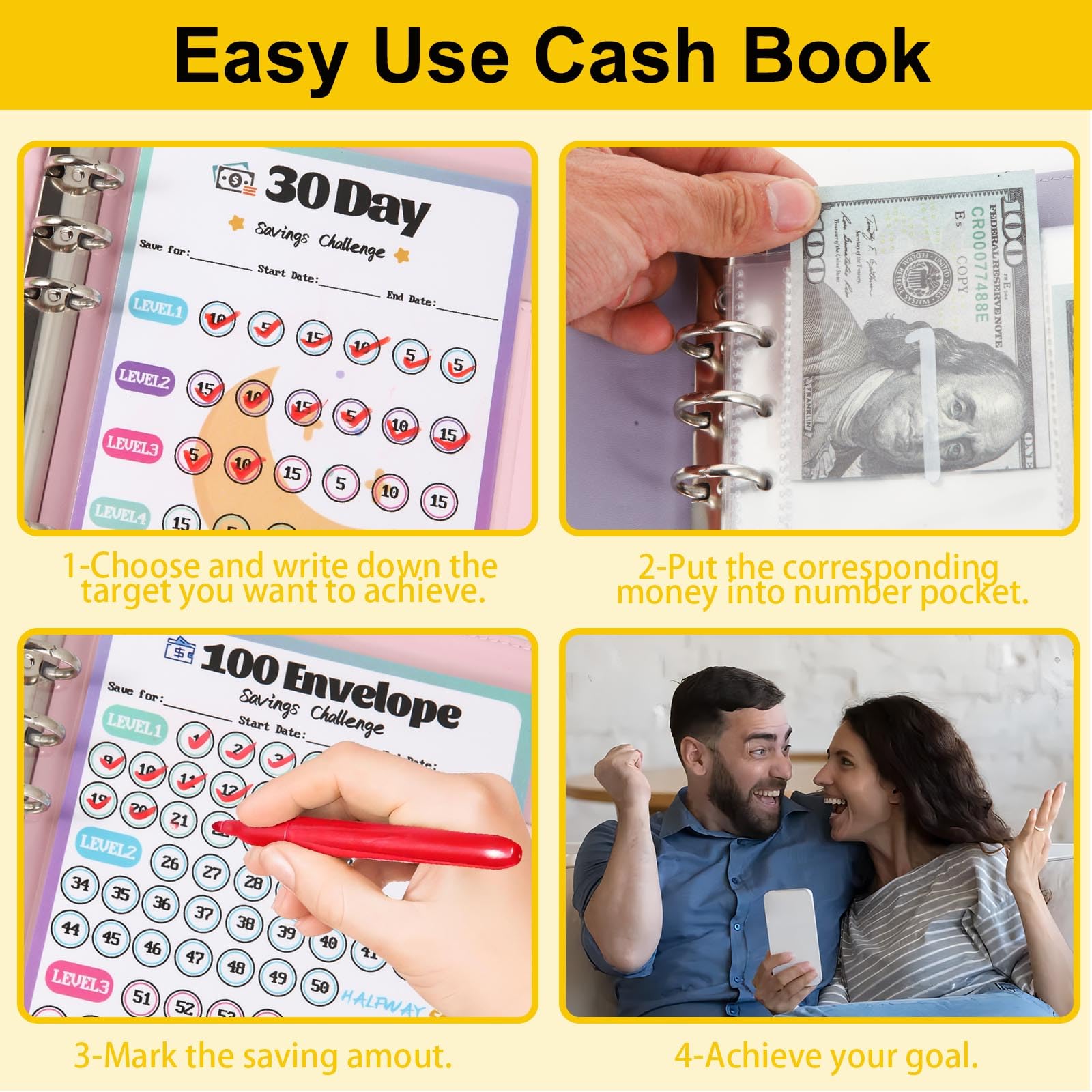 100 Envelopes Challenge Binder, Money Savings Challenges Book to Save $5,050 and $2,600 and $300, A5 Dinero Saving Planner Cash Budget Organizer, Black