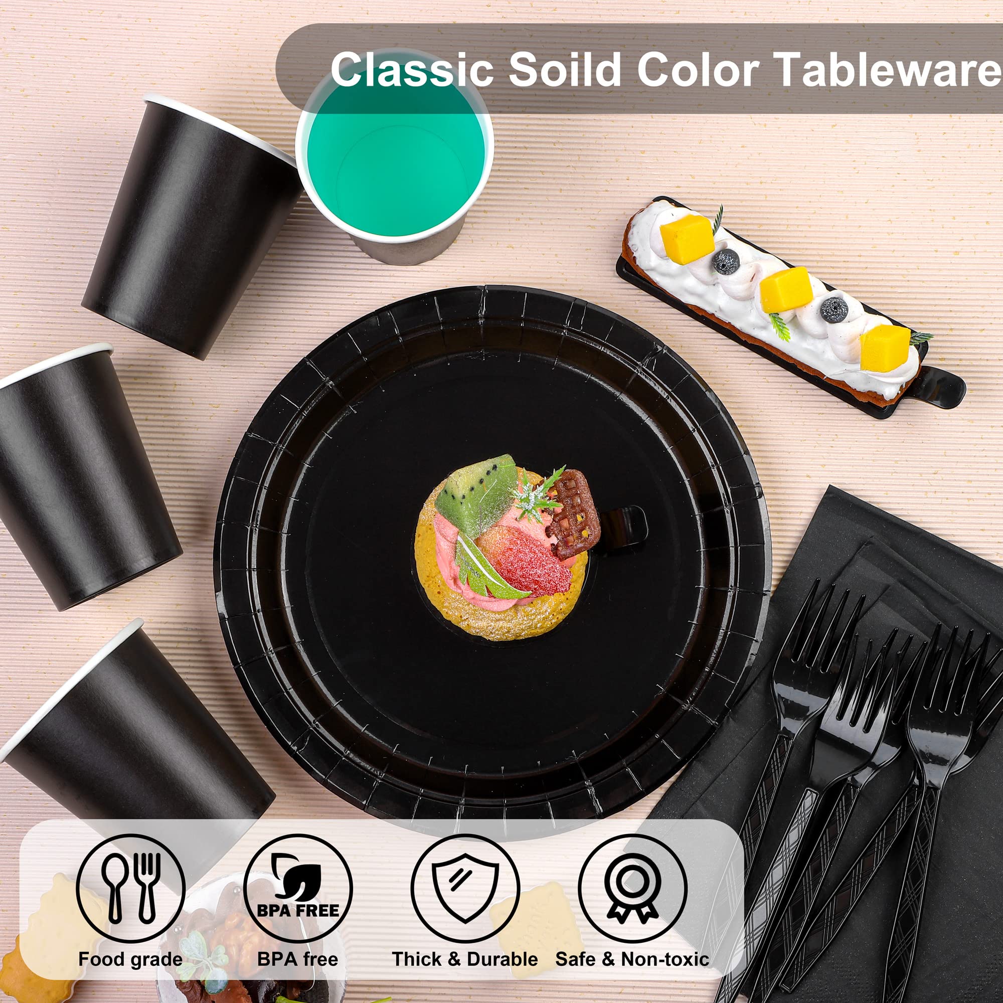 ADXCO Party Supplies - Disposable Black Party Decorations: 9 Inch Paper Plates, Cups, Napkins - Serves 24 for Birthday, Wedding, Holidays