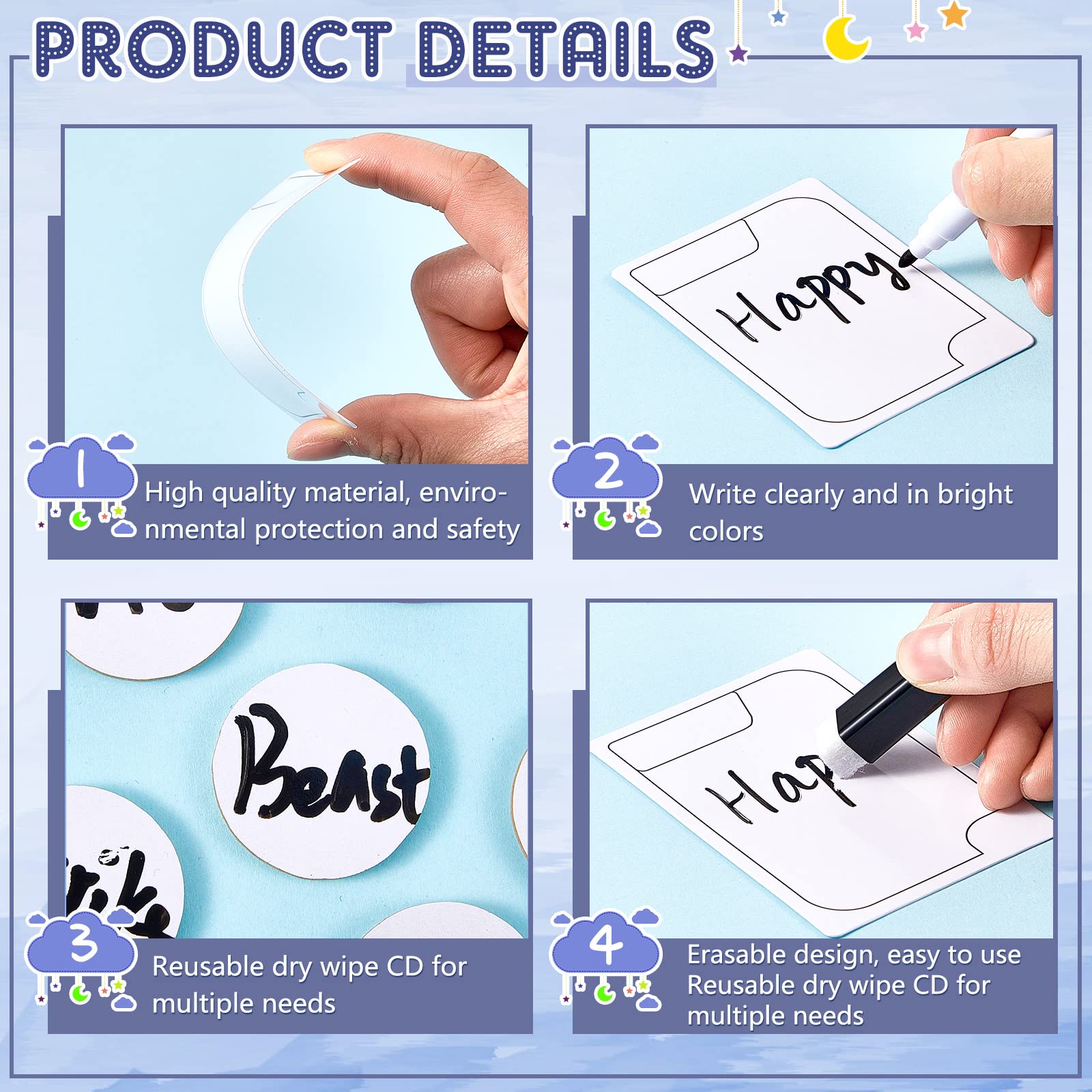 24 Pieces Double Sided Reusable Dry Rubbing Cards with Markers and Round Tokens, Portable Erasable Describable Blank Cards for Adult Group Activities