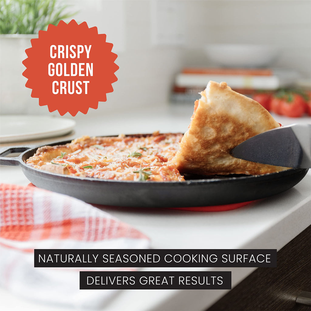 Chef Pomodoro Cast Iron Pizza Pan, Inch Pre-Seasoned Skillet, with Handles, Baking Pan, Round Griddle for Dosa Tawa Roti, Comal for Tortillas, Baking Stove, Oven, Grill BBQ and Campfire (12-inch)