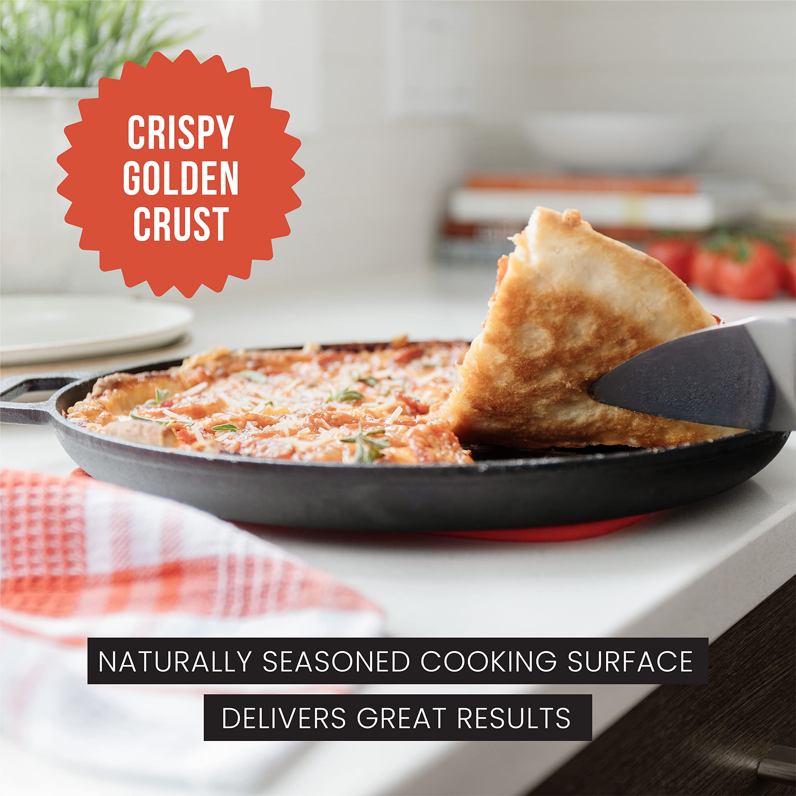Chef Pomodoro Cast Iron Pizza Pan, Inch Pre-Seasoned Skillet, with Handles, Baking Pan, Round Griddle for Dosa Tawa Roti, Comal for Tortillas, Baking Stove, Oven, Grill BBQ and Campfire (12-inch)