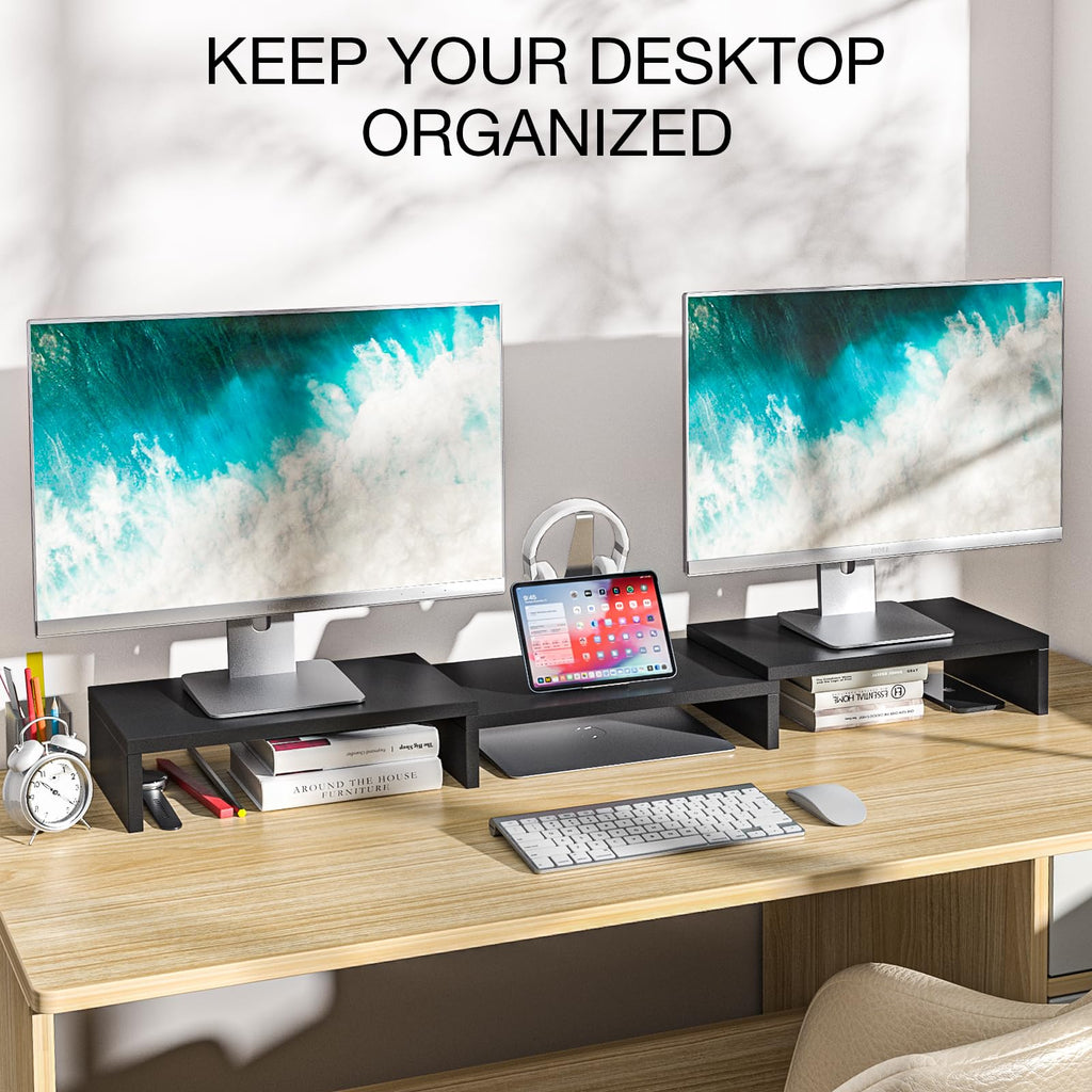 Rfiver Dual Monitor Stand Riser, Adjustable Length (30.7-43.3") & Angle, Large Wooden Desktop Organizer with Storage Shelf for Laptop, Monitors, Home Office Desk, Black