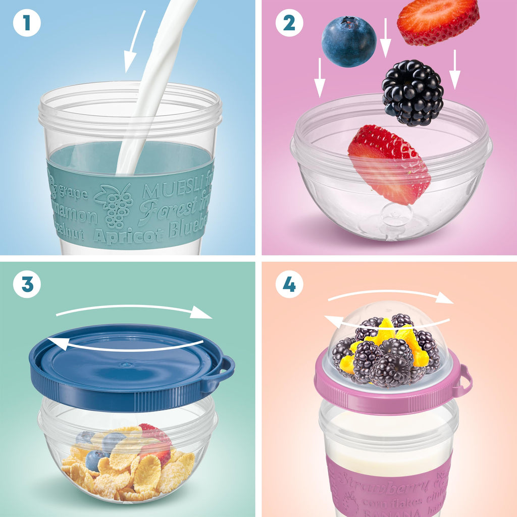 Tribello 4 Pack - On the Go Yogurt Parfait Cups with Lids, Topping Compartment & Spoon, Yogurt/Parfait Cups for Breakfast Meal Prep, Reusable Leak Proof Container - BPA Free - 20oz - Colorfull