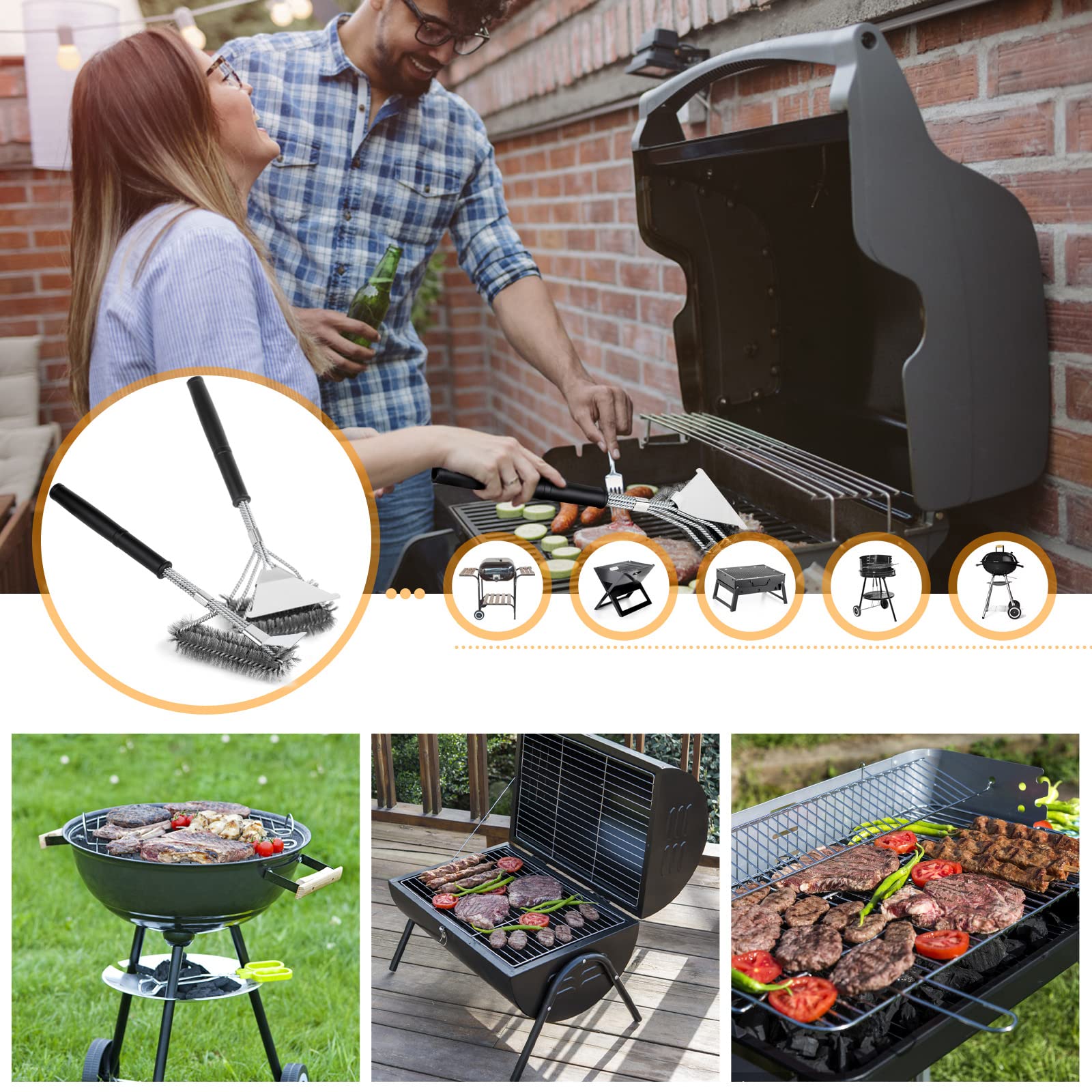 BBQ Grill Brushes, 2 Packs BBQ Brush Cleaner for Grill, Stainless Steel BBQ Cleaning Brush with Scraper, BBQ Brush Bristle Free Suitable for Gas, Charcoal, Infrared & Barbecue Grill
