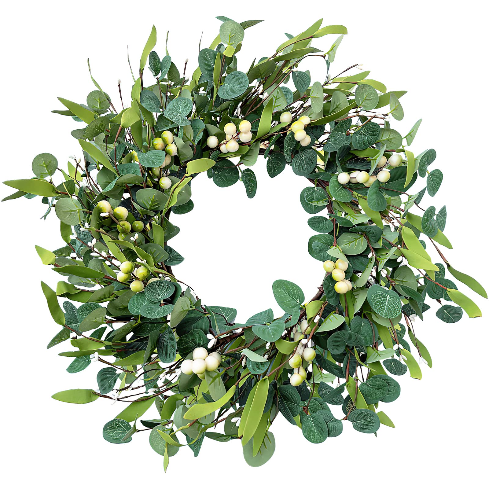Weldomcor Green Eucalyptus Wreath for Front Door, 20 Inch Artificial Eucalyptus Leaves Wreath with Berries, Spring Summer Greenery Wreath for Indoor Outdoor Wall Window Festival Farmhouse Garden