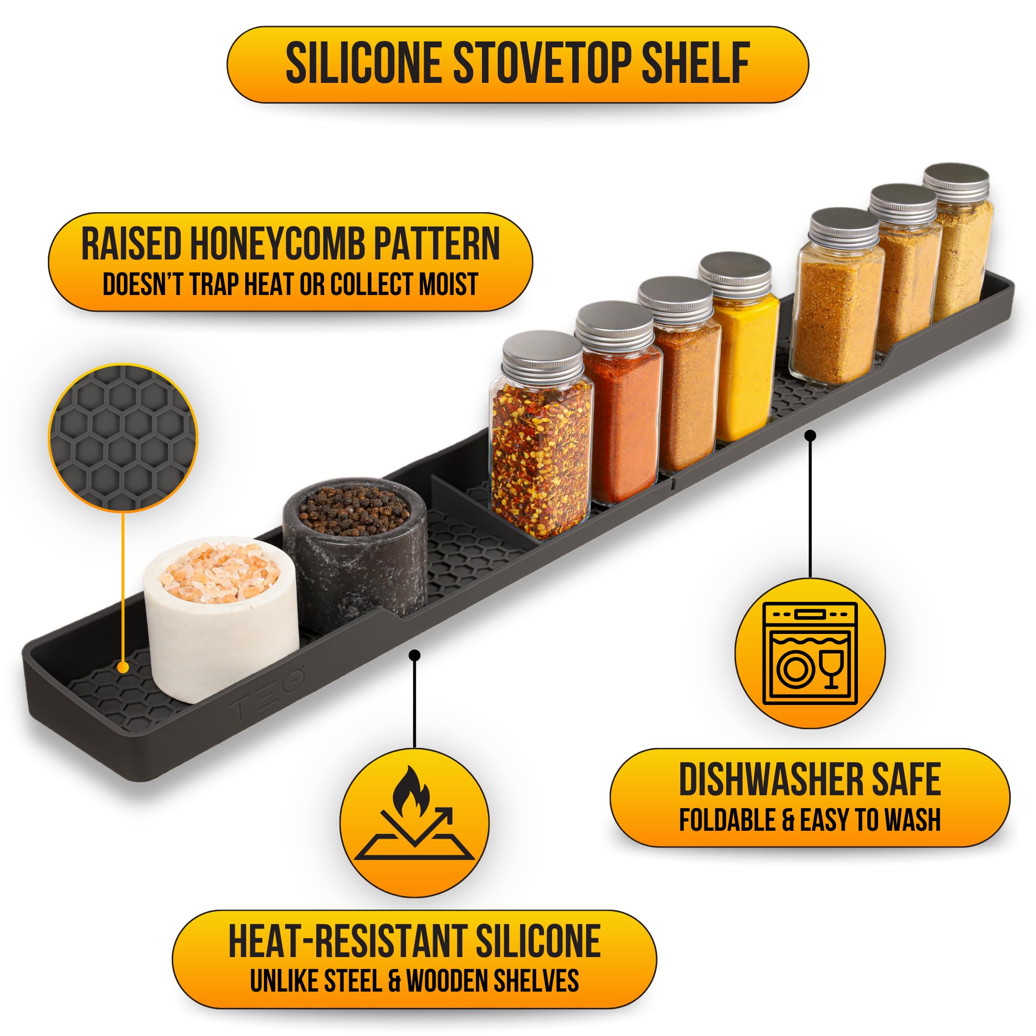 TEO Magnetic Stove Top Shelf - 30 Inch Silicone Over the Stove Spice Rack for Kitchen Gadgets Storage Organization, Heat-Resistant, No Installation, Dishwasher Safe, Over Oven Shelf Black