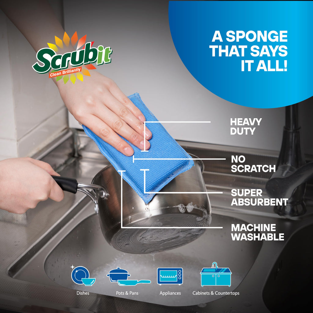 SCRUBIT Reusable Sponges for Dishes - 12 Pack Microfiber Sponges Kitchen Dish Scrubber, Machine Washable & Non-Scratch Scrubbers
