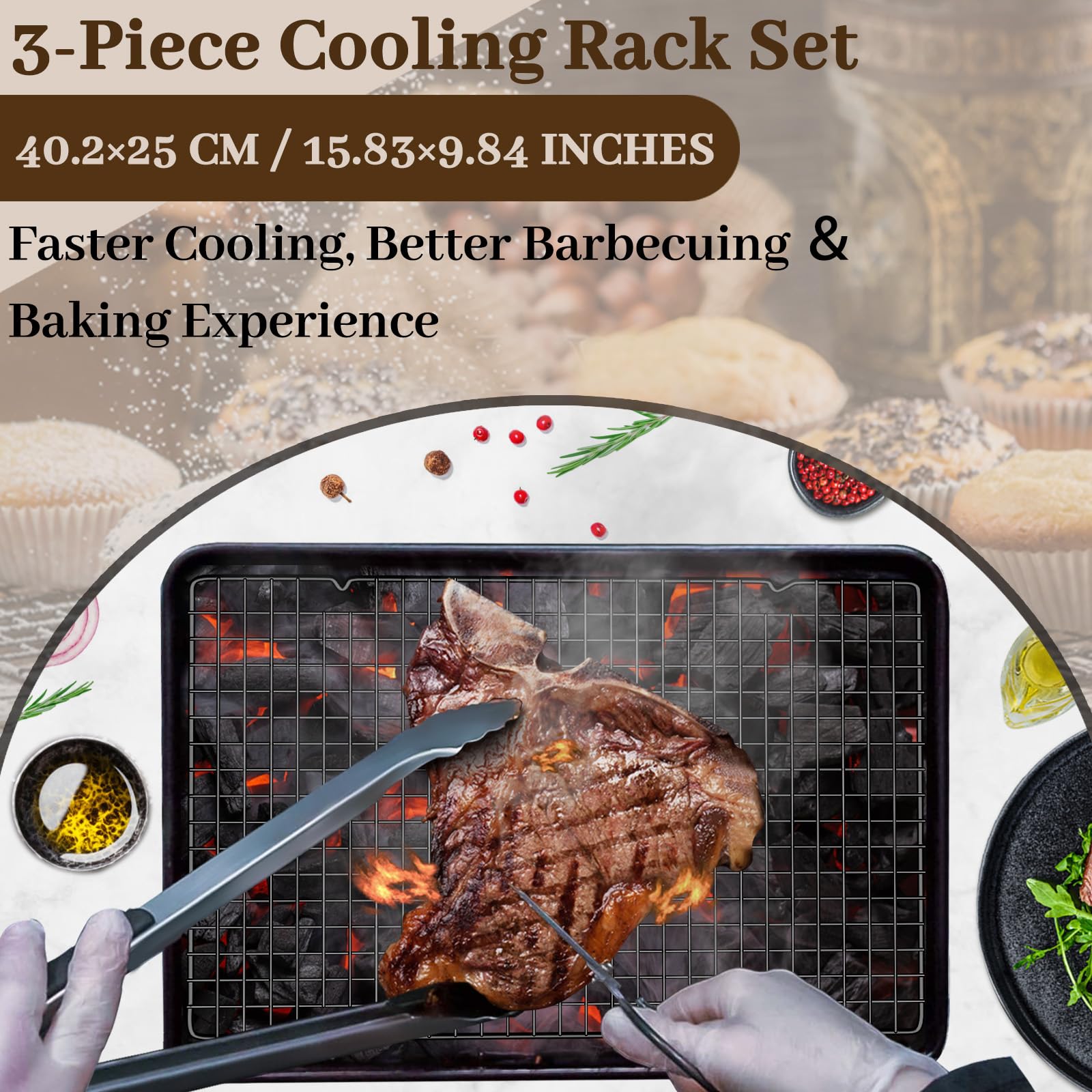 Pleafind Black Cooling Rack Set of 3 Pieces, 15.83 x 9.8 Inches Heavy Duty Wire Rack with Stainless Steal, Cooling Rack for Baking, Roasting, Grilling, Oven and Dishwasher Safe