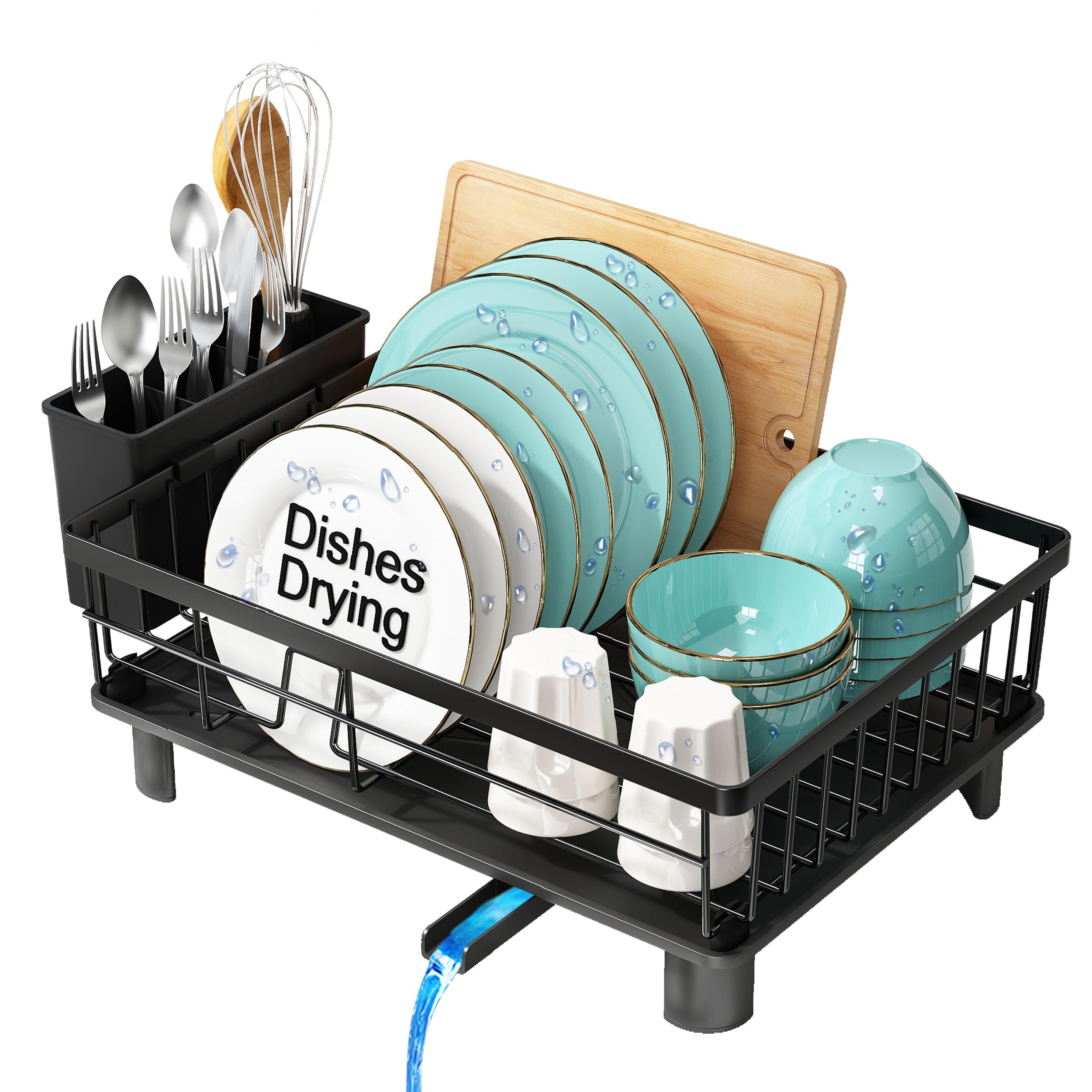 MAJALiS Stainless Steel Dish Drying Rack with Drain Board for Kitchen Counter, Rust Proof Small Dish Drainer with Drainage, Black Iron Dish Storage Organizer, Cutlery Holder and Extra Dryer Tray