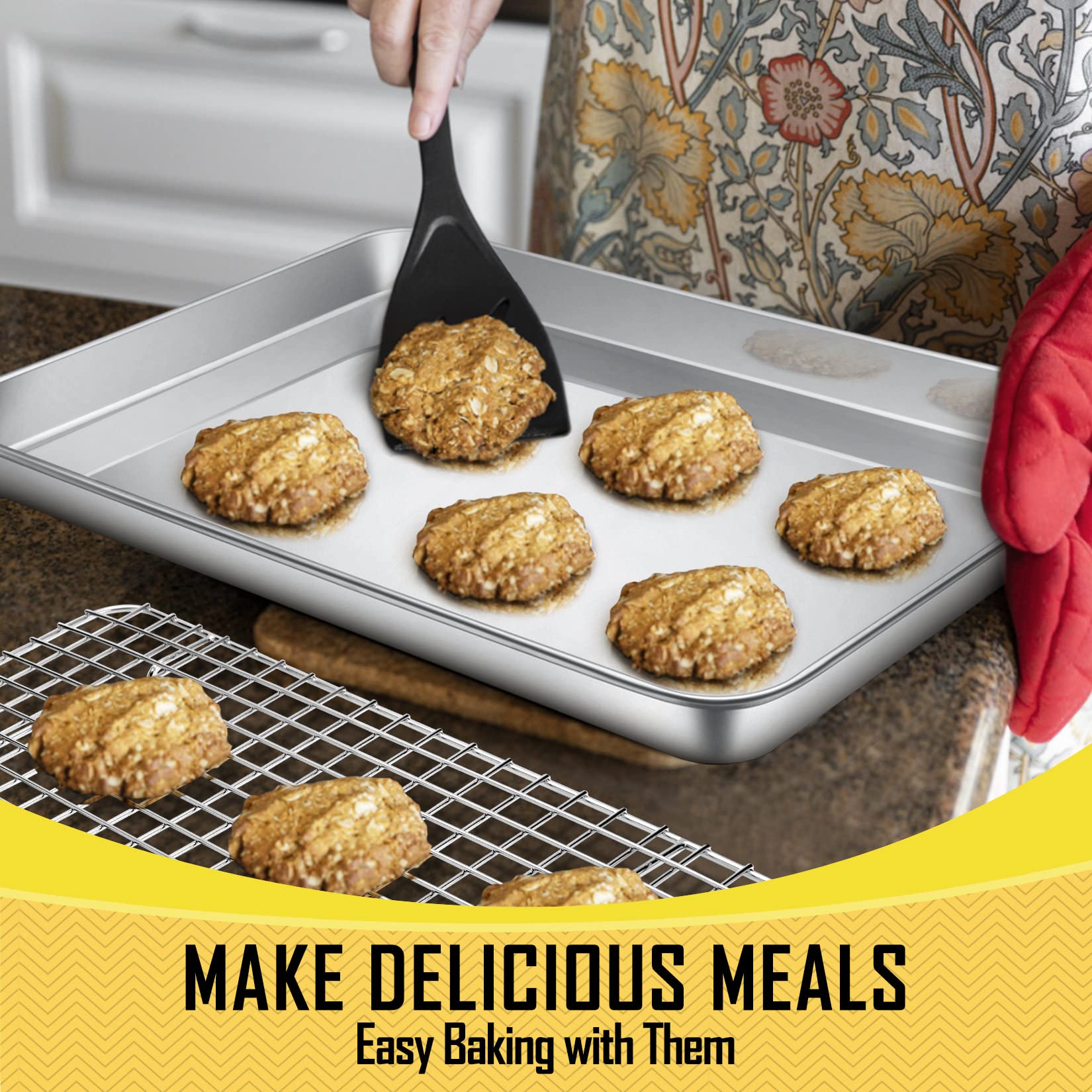 12.5 Inch Baking Pan with Rack Set, Joyfair Quarter Stainless Steel Toaster Oven Tray with Cooling Rack for Cookies/Meats/Bacon, Heavy Duty & Commercial Grade, Mirror Finish & Dishwasher Safe