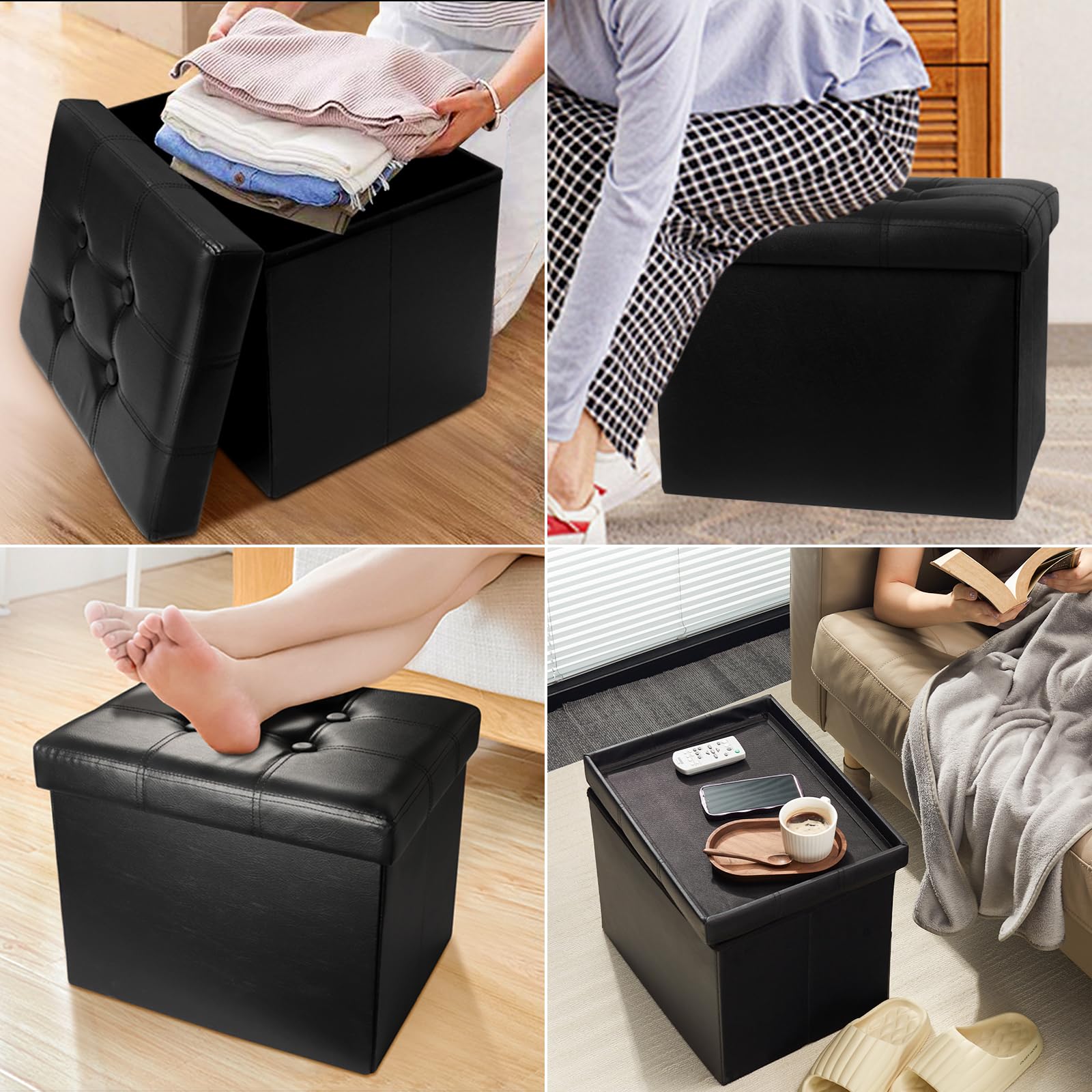 AmasSmile Storage Ottoman Foot Rest Stool, 17 inch Leather Folding Footstool Bench, Short Ottoman Stool, Black Storage Foot Rest Store, Books (Black, 33D x 43W x 33H cm)