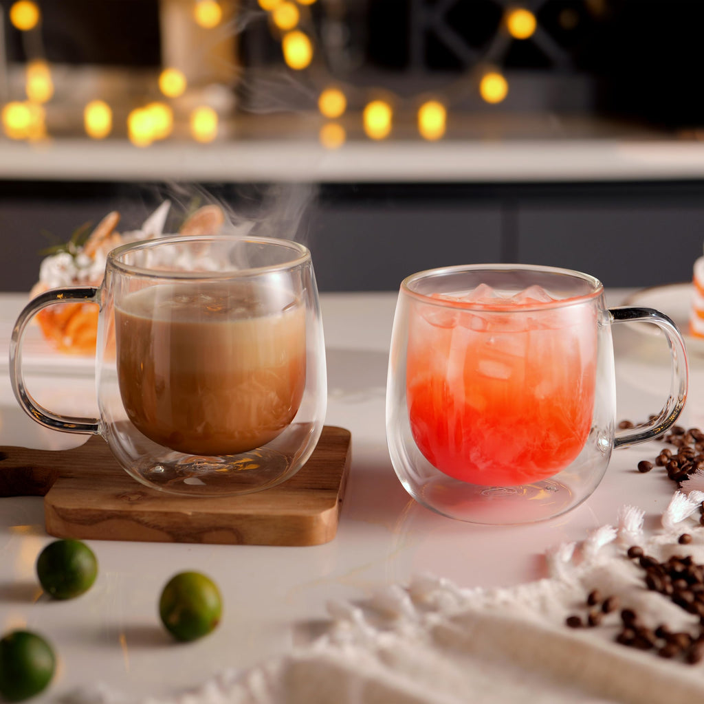 CNGLASS 16oz Double Walled Glass Coffee Mugs(2-Pack),Large Clear Coffee Cups with Handle,Glass Espresso Mugs for Latte,Cappuccino,Tea