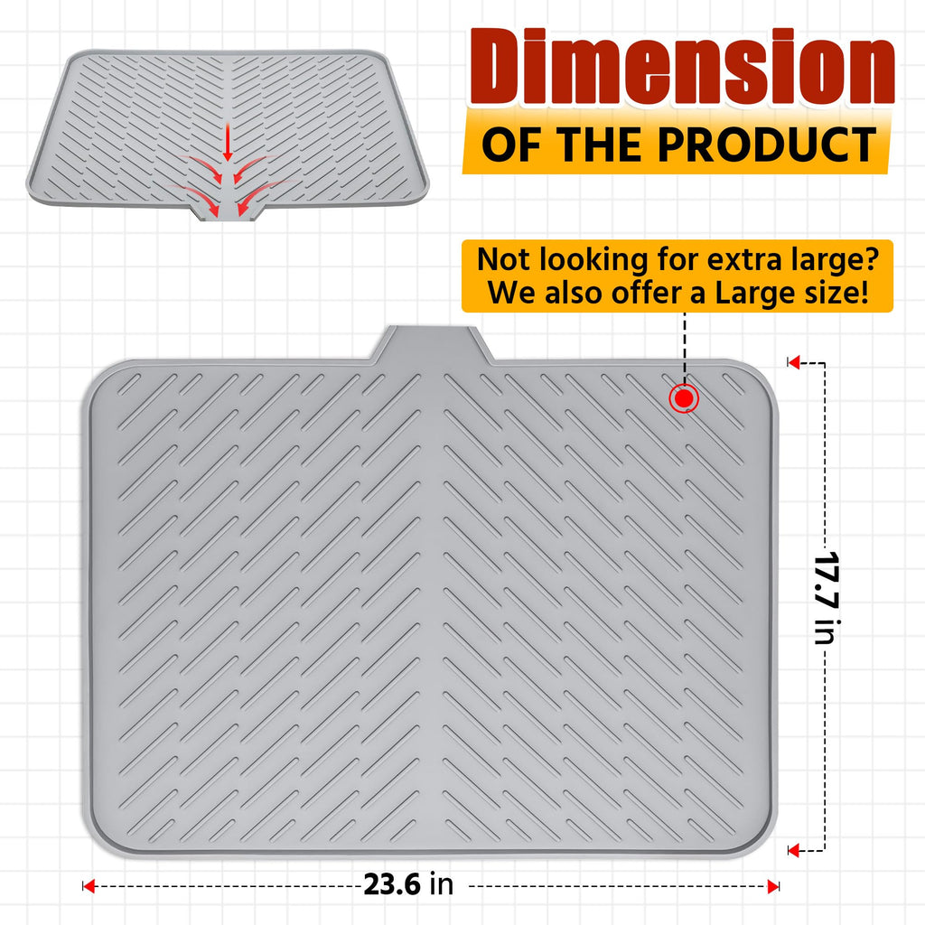 Luxet Silicone Dish Drying Mat with Built-in Drain Lip - Hygienic Drying Pad - Sturdy Compact Easy to Clean Tray Protects Surfaces Prevents Water Build Up - 23 X 17 (Grey)