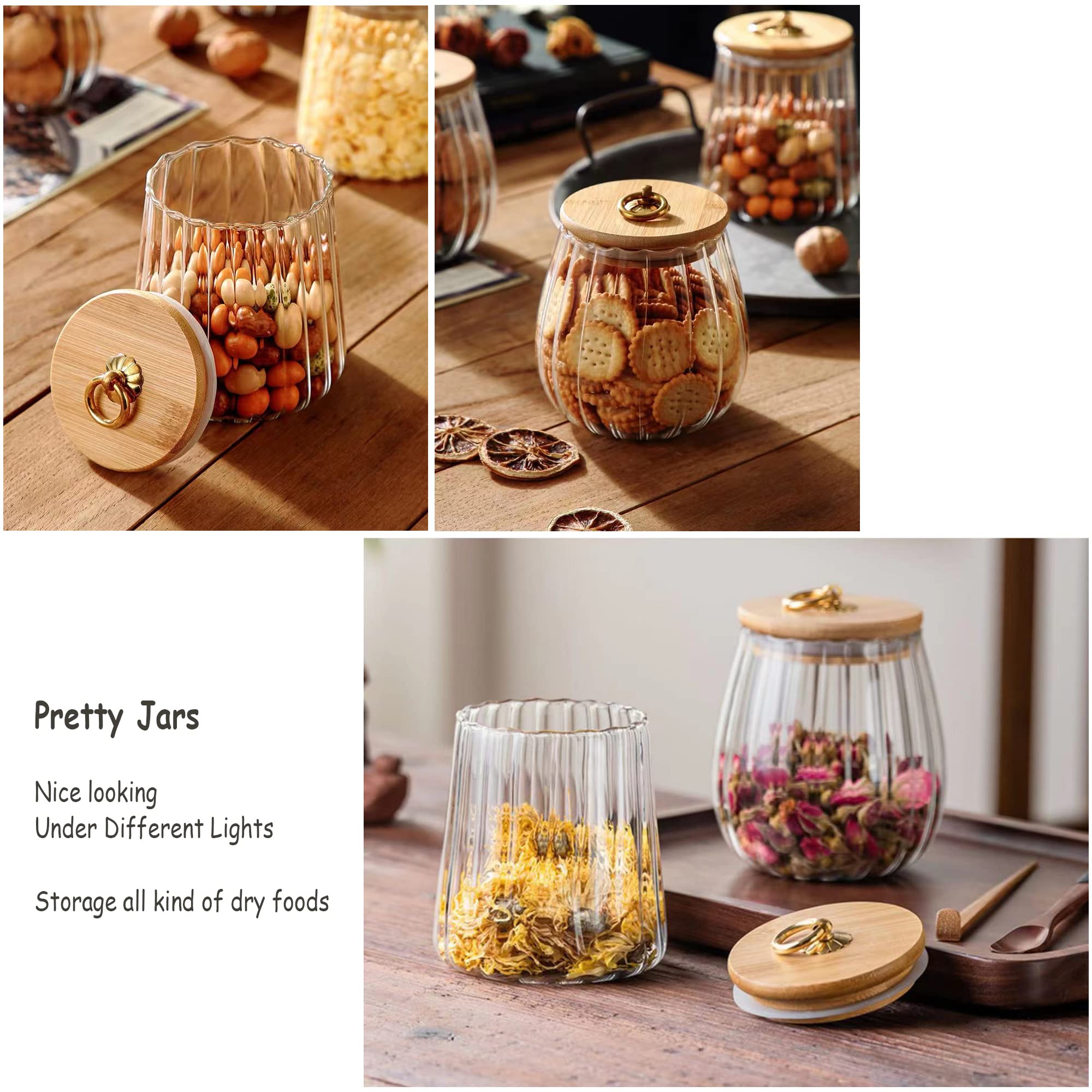 Glass Coffee Tea Canister Airtight Storage Jar Petal Decorative Container with Bamboo Lid Metal Handle Easy to Grasp 700ml (23oz)