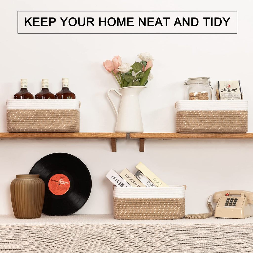OIAHOMY 12.8x9x5.5in Woven Baskets for Storage, Storage Baskets for Shelves, Cotton Rope basket set of 3, Decorative Storage Baskets, Rectangle Basket With Handles,Brown and White