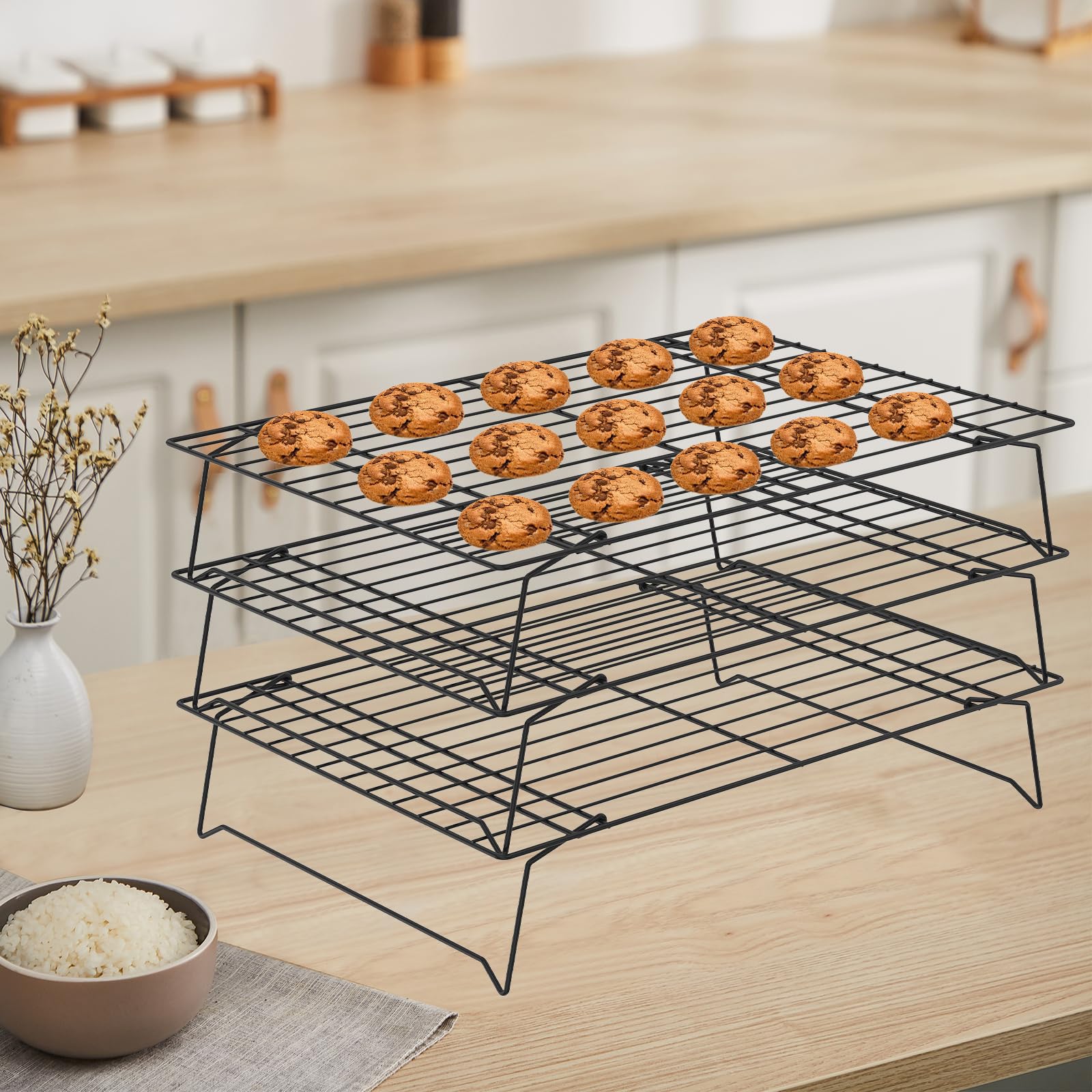 Abizarch 3-Tier Cookie Cooling Rack, 13.4“x9.4" Stackable Iron Baking Cooling Rack,Cooling Rack for Baking, Foldable Wire Cooling Rack Space Saving for Cupcakes Pies Cookies Gadgets