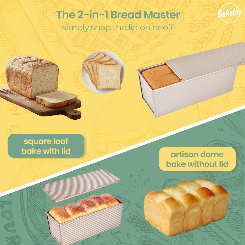 Bakeley Commercial Pullman Loaf Pan with Lid, 2.2Lb Dough Capacity Non-Stick Rectangle Corrugated Carbon Steel Bread Toast Mold with Cover for Baking Bread (Champagne Gold)