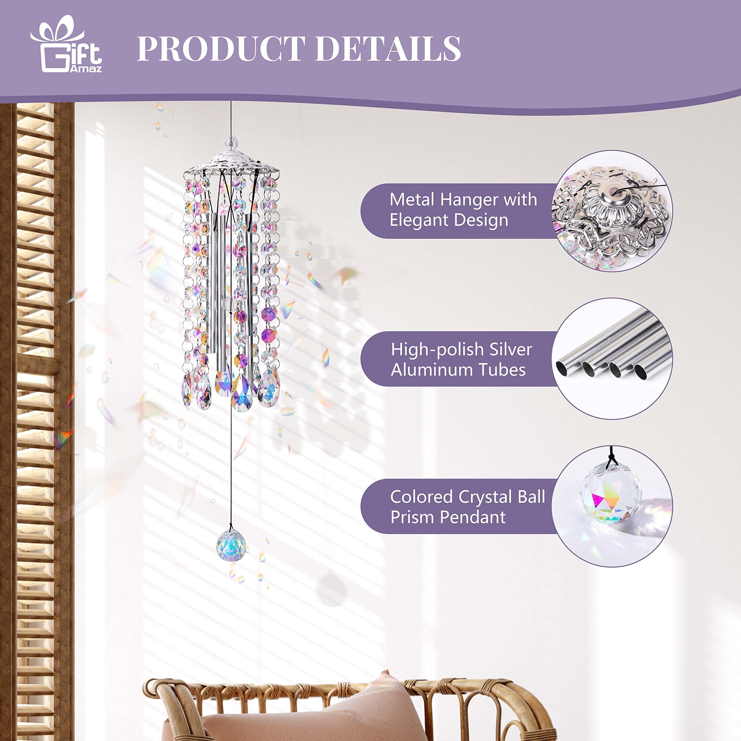 GiftAmaz Crystal Suncatcher Wind Chimes with 4 Tuned Tubes, Hanging Prism Rainbow Maker Chandelier Crystal Pendant Wind Chime Window Hanging Ornament Gift for Women Friends Home Garden Decor Birthday