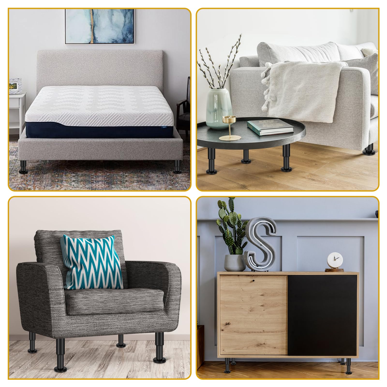 XUUHOOG 4-Piece Black Metal Cylinder Bed Leg, 3.15-4.72 Inch, Adjustable Height (3.15-12.2 Inch), Heavy Duty, Multi-Purpose for Beds, Cabinets, Tables, etc.