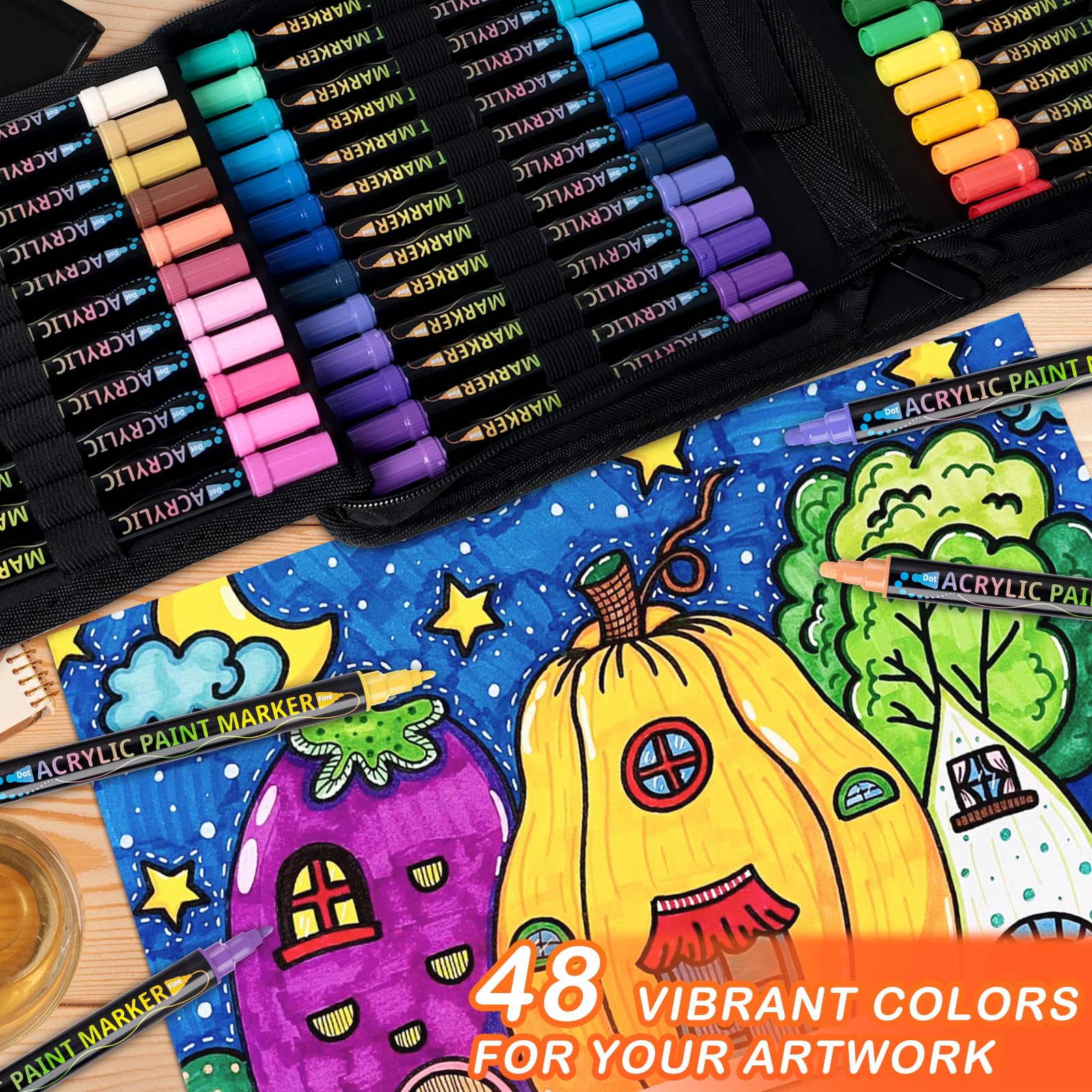 48 Colors Acrylic Paint Markers，Premium Acrylic Paint Pens with Dot Tip and Fine Tip for Rock Painting, Glass, Wood, Fabric, Metal, Plastic, Paper, Canvas, Making Art Supplies for Adults