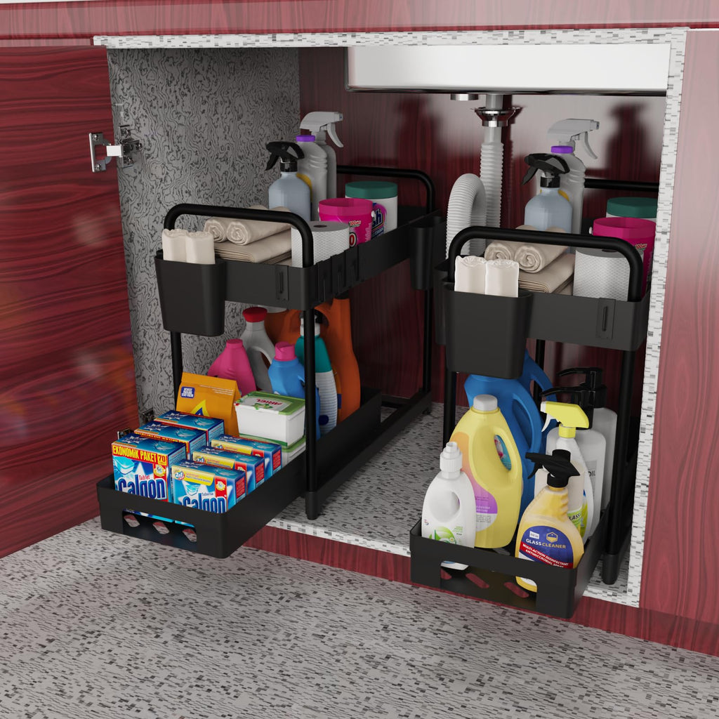 2 Pack Under Sink Organizer for Efficiently Utilizing Space, 2 Tier Bathroom Cabinet Organizers and Storage, Multi-purpose Kitchen Organizer and Storage with Hooks and Cups(Black)
