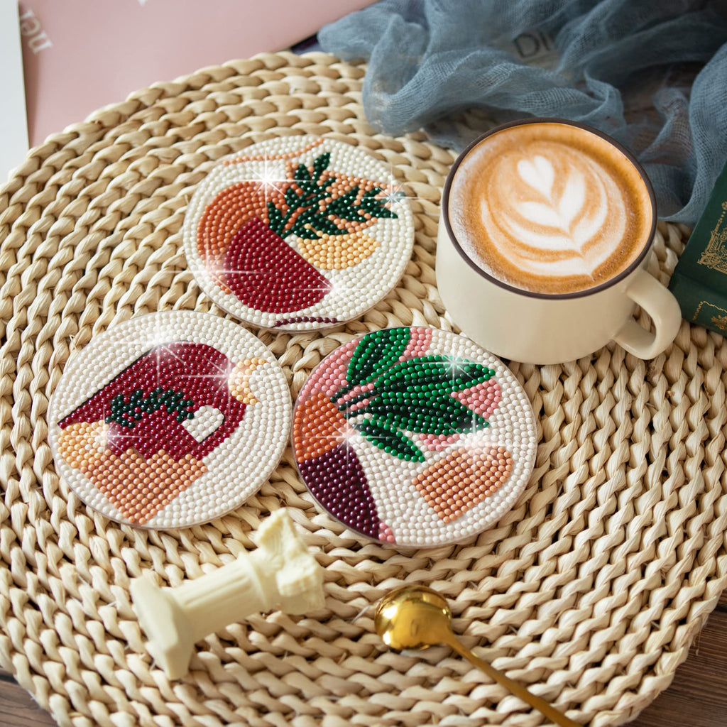 Temlum 6 Pcs Diamond Painting Coasters with Holder, DIY Abstract Plants Coasters Diamond Art Kits for Beginners, Adults Small Diamond Painting Craft Supplies