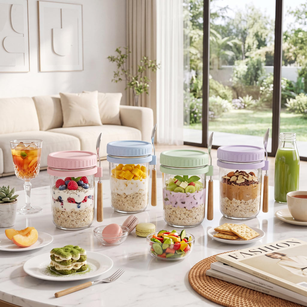 HomArtist Glass Overnight Oats Containers with Lids and Spoon, 16 oz Wide Mouth Mason Jars for Overnight Oats, Cereal, Yogurt & Salad Lunch Container with Measurement Marks - Pink 4 Pack
