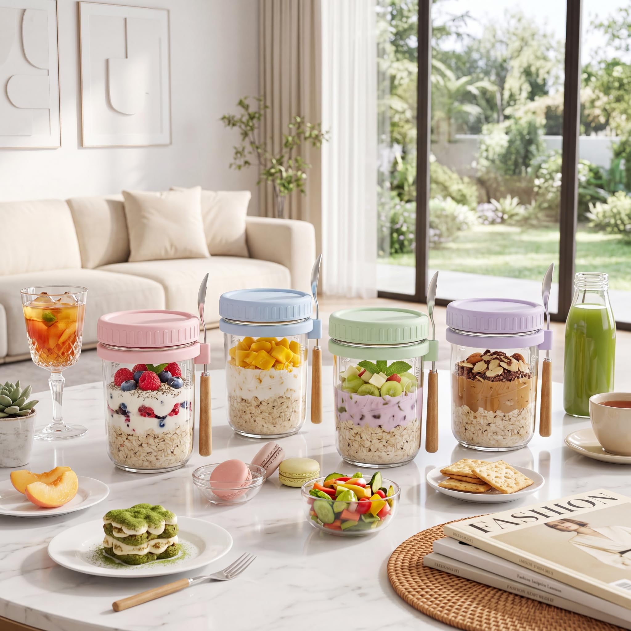 HomArtist Glass Overnight Oats Containers with Lids and Spoon, 16 oz Wide Mouth Mason Jars for Overnight Oats, Cereal, Yogurt & Salad Lunch Container with Measurement Marks - Pink 4 Pack