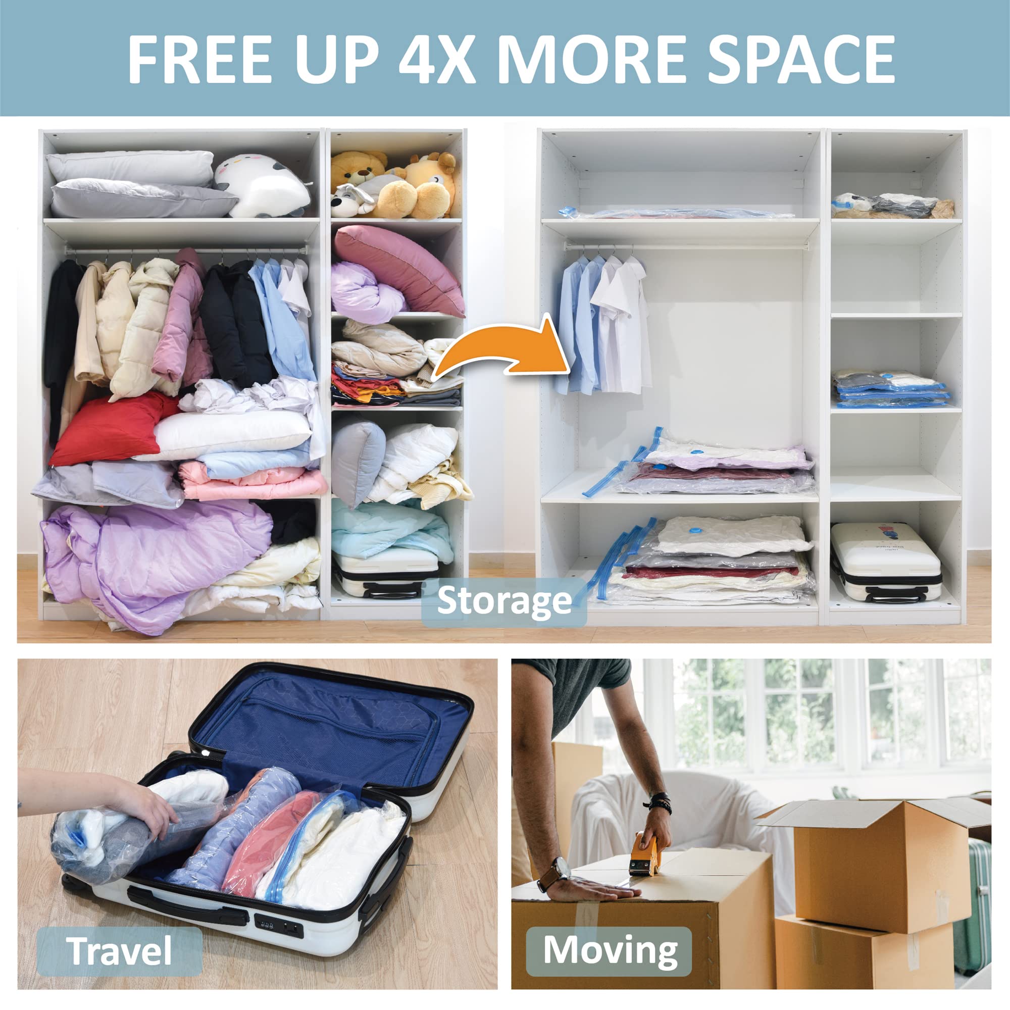 Cozy Essential Vacuum Storage Bags, 80% Compression Vacuum Seal Space Saver Plastic Packaging Bags for Clothes, Blankets, Pillow, Bedding, Comforters, Sealer Clothing Storage,8 Combo