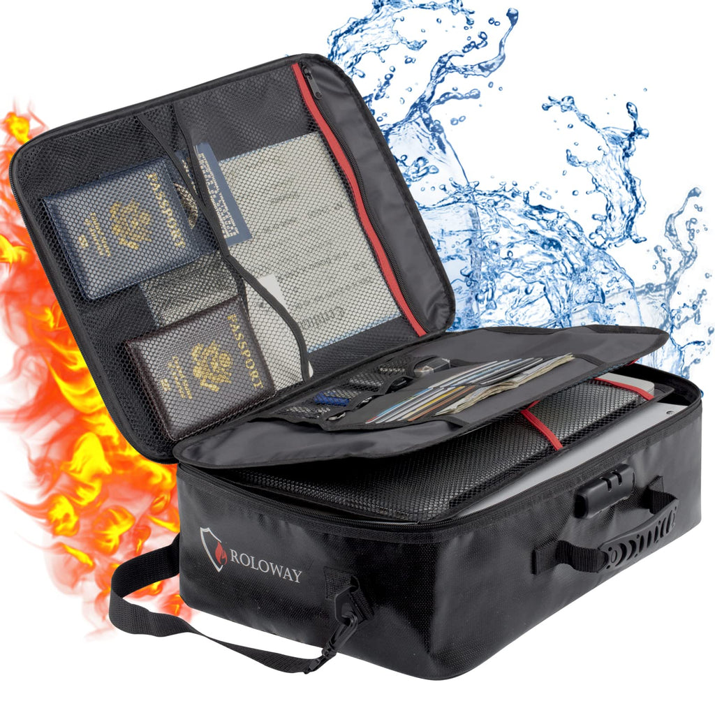 ROLOWAY-Fireproof Document Bag with Lock, Fireproof Document Safe Organizer, Fireproof File Storage Bag, Fireproof Bag with Multi Layer Portable File Organizers for Travel Black