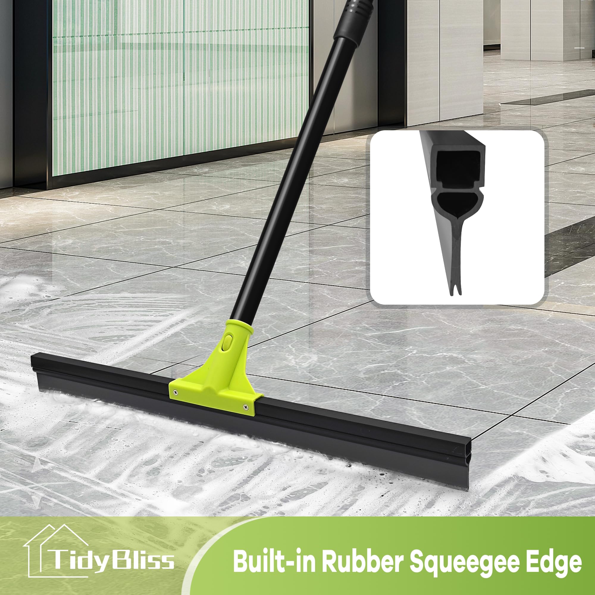 TidyBliss Floor Squeegee Broom, 24 inches Large Heavy Duty Rubber Foam Water Scraper, Epoxy Wiper Mop with 62 inches Long Handle for Cleaning Concrete Pool Rug Garage Deck Shower Window Outdoor Green