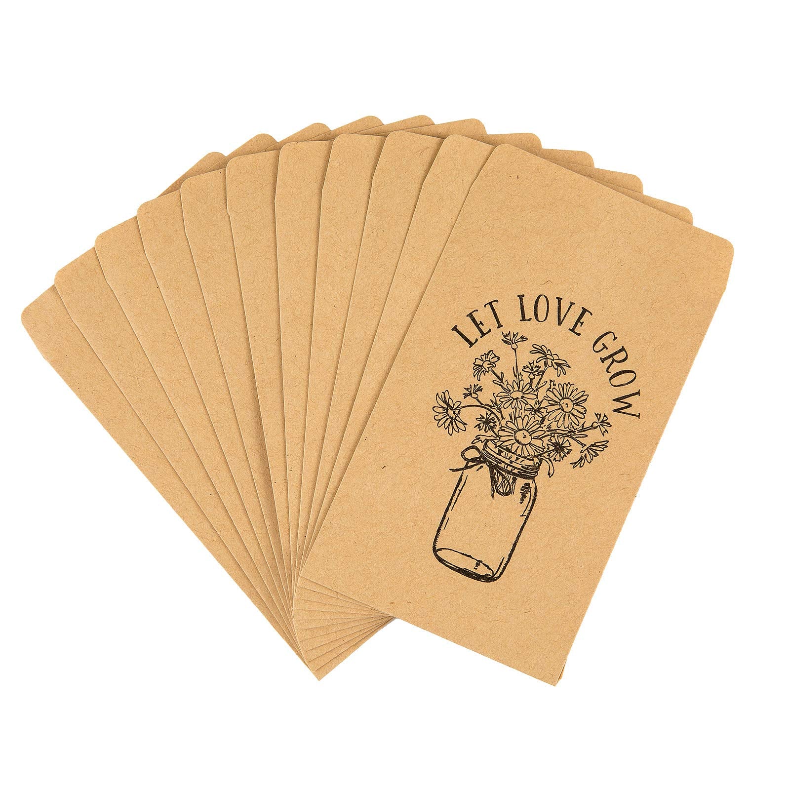 CINPIUK Wedding Favor Seed Packets, 100PCS Let Love Grow Self Adhesive Seed Packets Mason Jar Flowers Retro Kraft Envelopes Seeds Storage Paper Packets for Rustic Wedding Baby Shower Favors