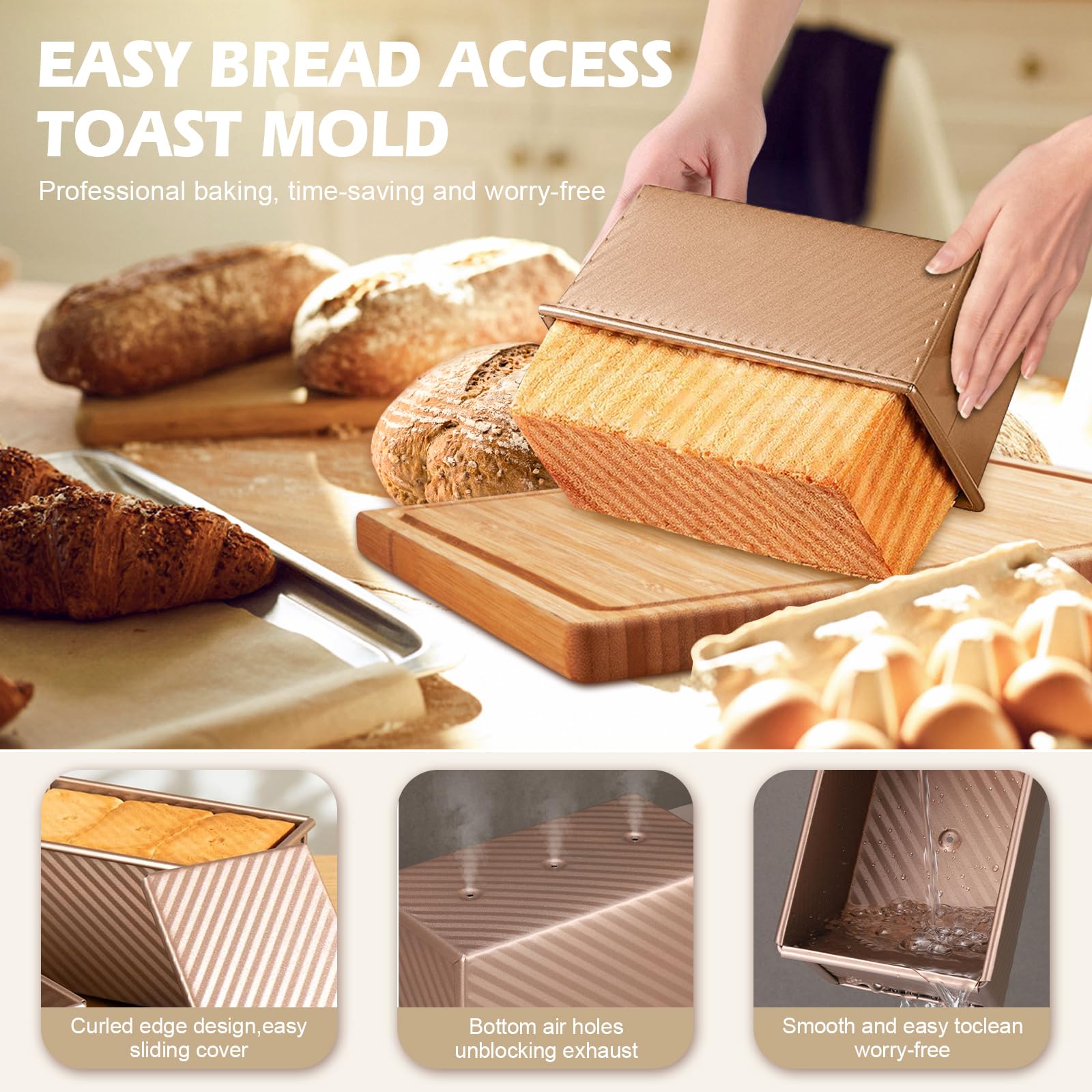 2Pack Pullman Loaf Pans with Lids – 2.2 LB & 1 LB Dough Capacity, Non-Stick Carbon Steel Bread Pans for Homemade Sandwich and Sourdough Bread, Corrugated Toast Mold