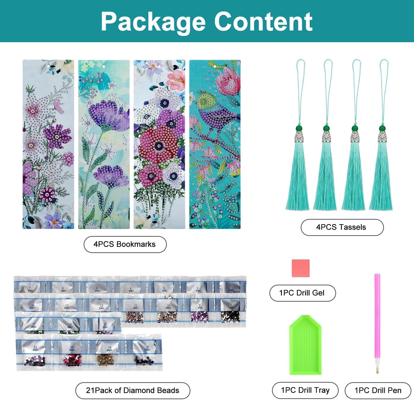 EEEKit 4 PCS Diamonds Painting Bookmarks, DIY Diamond Art Kits for Adults, Floral Tassel Leather Page Bookmark for Book Lovers