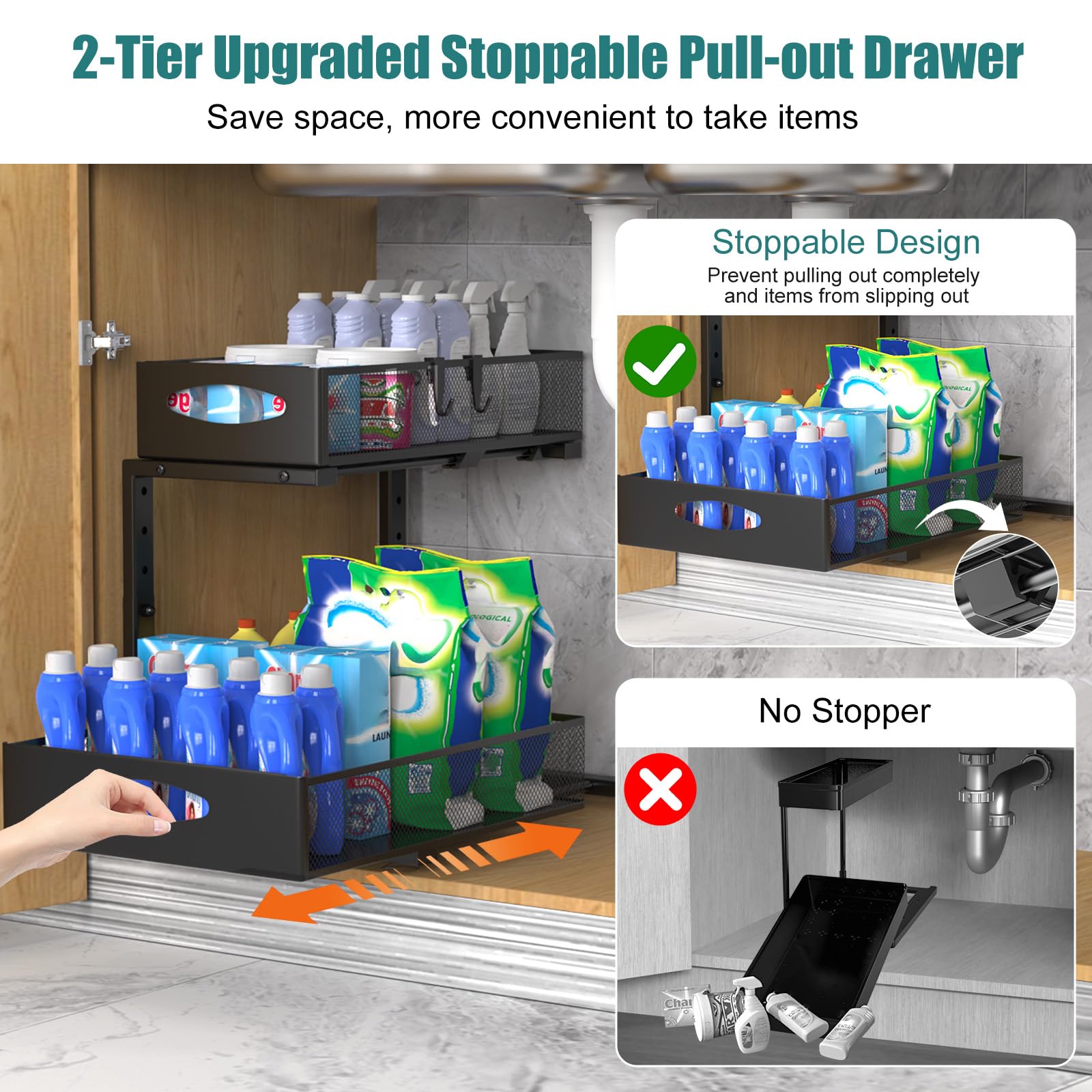 Housolution 1 Pack Large Under Sink Organizer, 2 Tier Metal Pull Out Under Sink Storage with Sliding Mesh Drawers, Height Adjustable Slide Out Under Cabinet Organizer for Kitchen Bathroom, Black