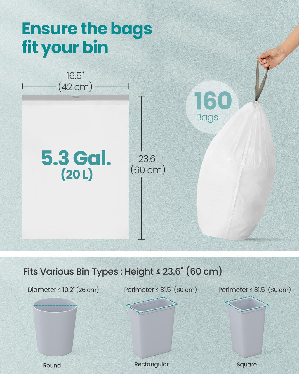 SONGMICS Trash Bags for 5.3 Gallon (20 L) Trash Cans, Drawstring Kitchen Garbage Bags, Pre-Separated, Quick-Dispense Box, Liner Code L, 4 Rolls, 160 Count, White UKRB021A04