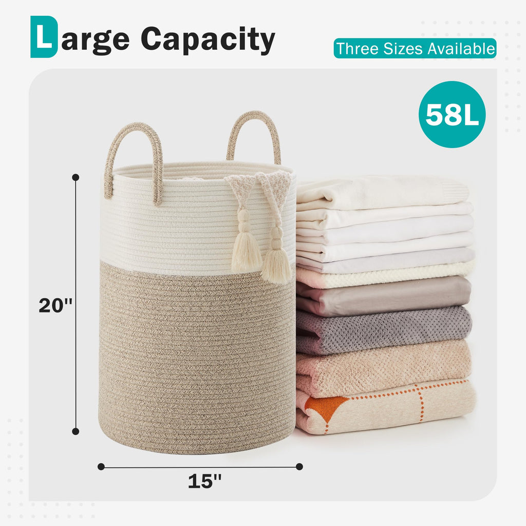 Cotton Rope Laundry Hamper by YOUDENOVA, 58L - Woven Collapsible Laundry Basket - Clothes Storage Basket for Blankets, Laundry Room Organizing, Bedroom Storage, Clothes Hamper – Brown