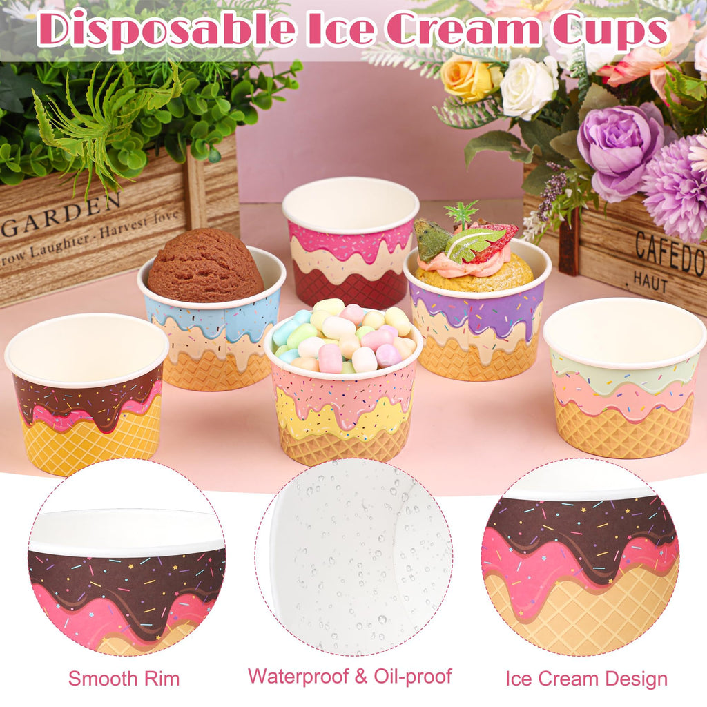 Kochorie 120 Pieces Paper Ice Cream Cups 8 Ounces Disposable Dessert Bowls Ice Cream Containers Sundae Bowls Party Supplies Treat Cups for Hot and Cold Sundae Soup Frozen Yogurt, 6 Designs