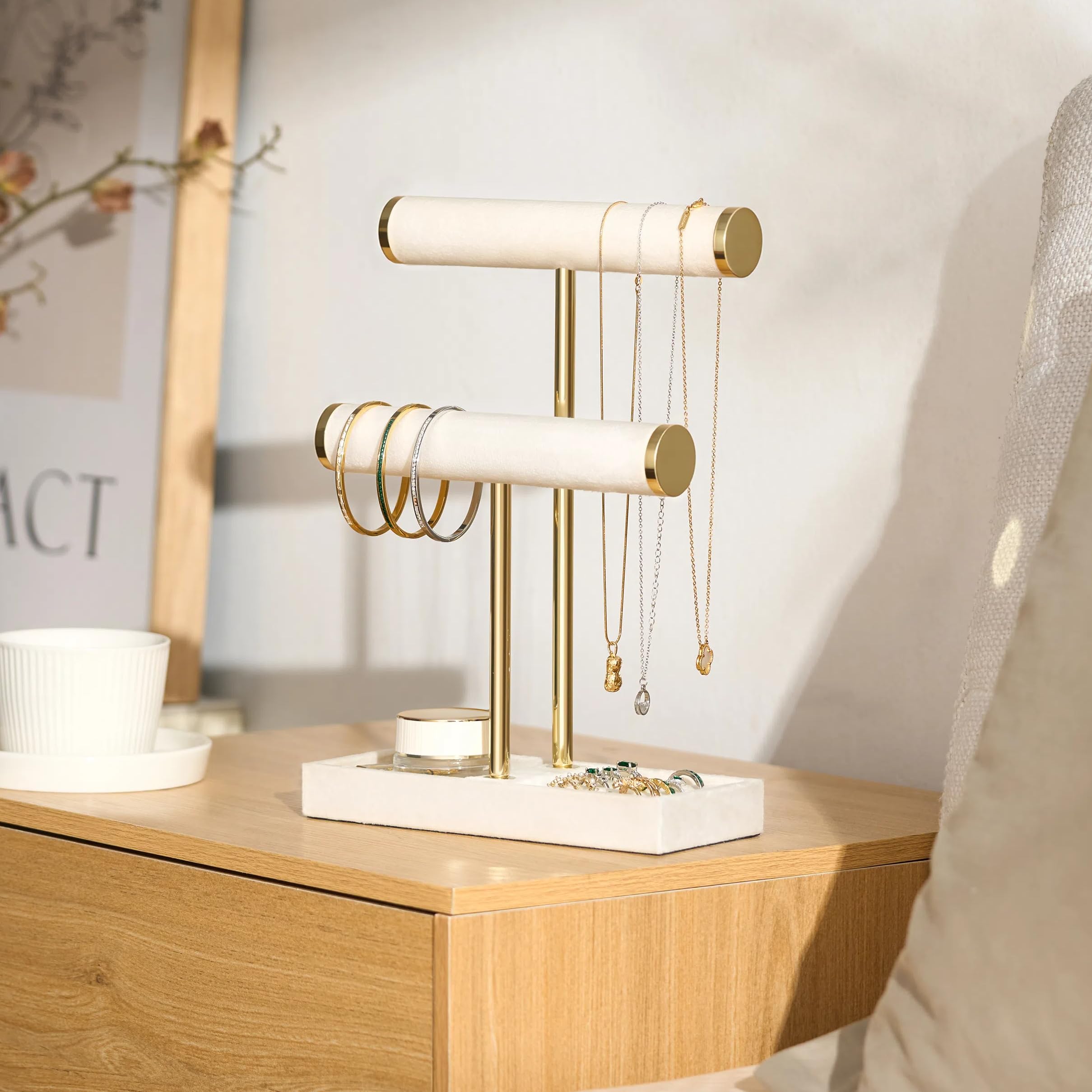 2 Tier Bracelet Holder Display - Beige Velvet Jewelry Organizer Stand, Detachable T Bar Jewelry Holder for Bracelet, Necklace, Watches, Rings, Earrings