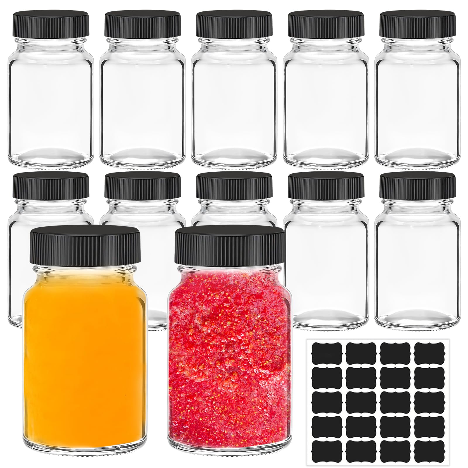 Glass Shot Bottles with Lids, 12 Pack 2oz Ginger Shot Bottles with Labels, Leakproof Wide Mouth Small Glass Jars with Lids for Juice, Ginger, Spices