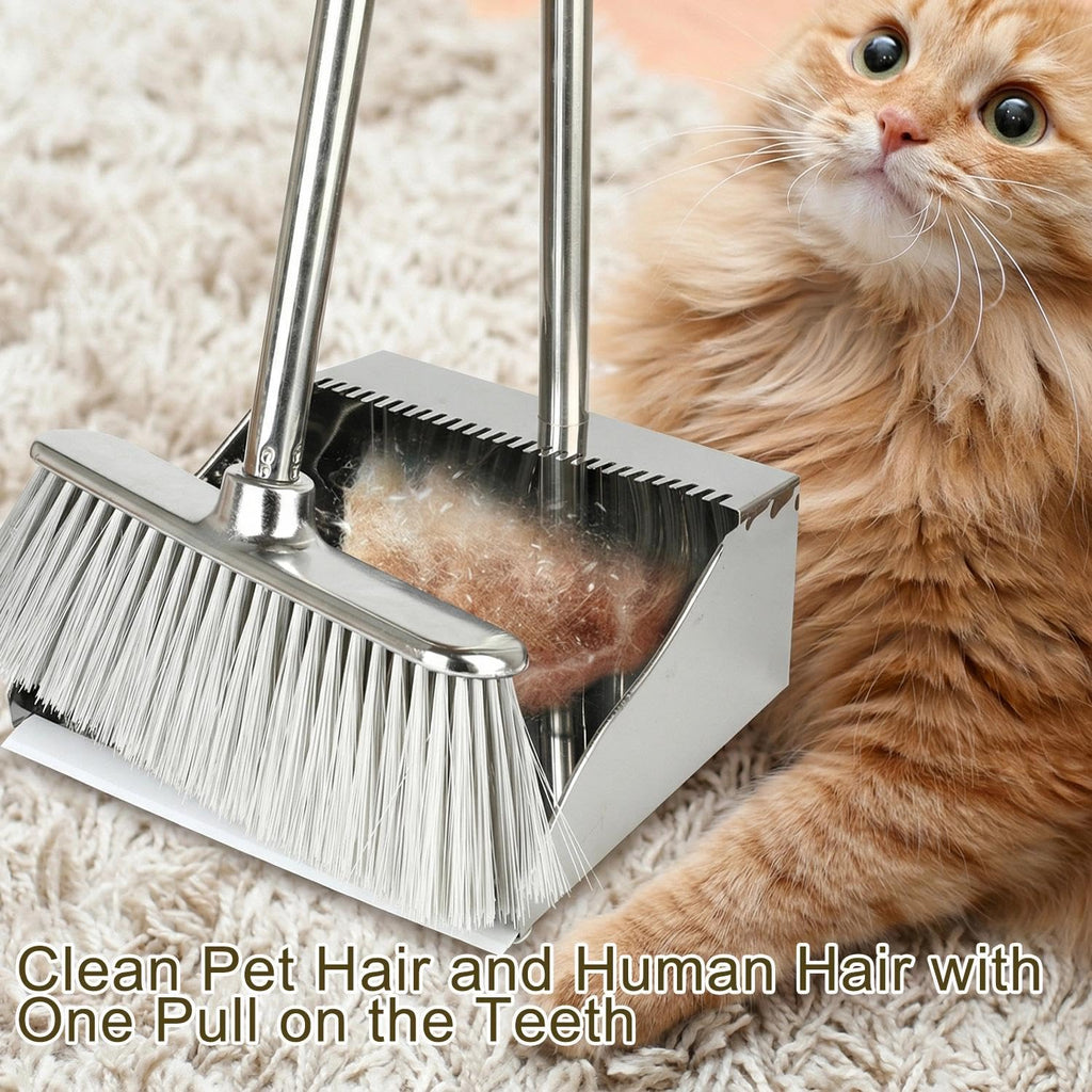 Metal Dustpan Long Handle Stainless Steel Dustpan,Heavy Duty Dust Pan with Teeth,Indoor Outdoor Standing Up Dust Pan for Home Kitchen Lobby Room Office
